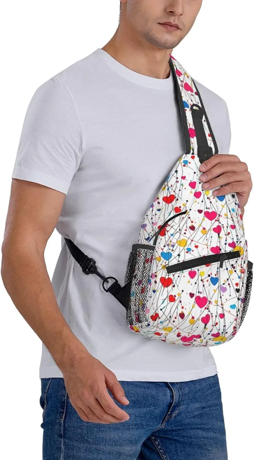 Colorful Hearts Crossbody Sling Bag For Women Men Adjustable Valentines Day Chest Bag Shoulder Bag Sling Backpack Daypack For Sport Travel Hiking