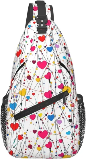Colorful Hearts Crossbody Sling Bag For Women Men Adjustable Valentines Day Chest Bag Shoulder Bag Sling Backpack Daypack For Sport Travel Hiking