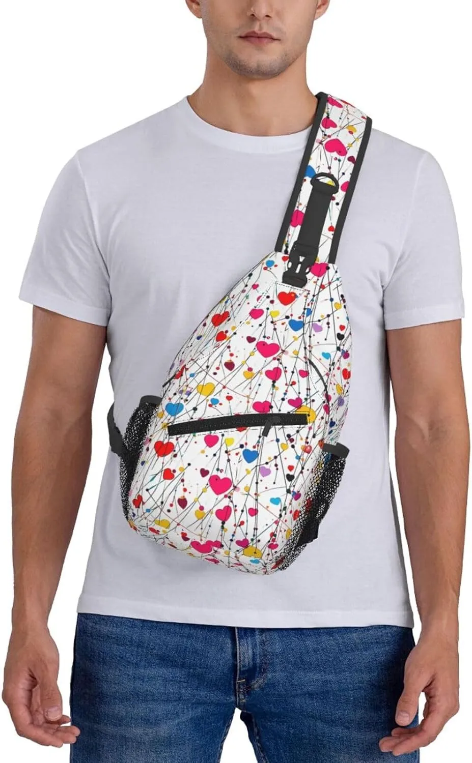 Colorful Hearts Crossbody Sling Bag For Women Men Adjustable Valentines Day Chest Bag Shoulder Bag Sling Backpack Daypack For Sport Travel Hiking