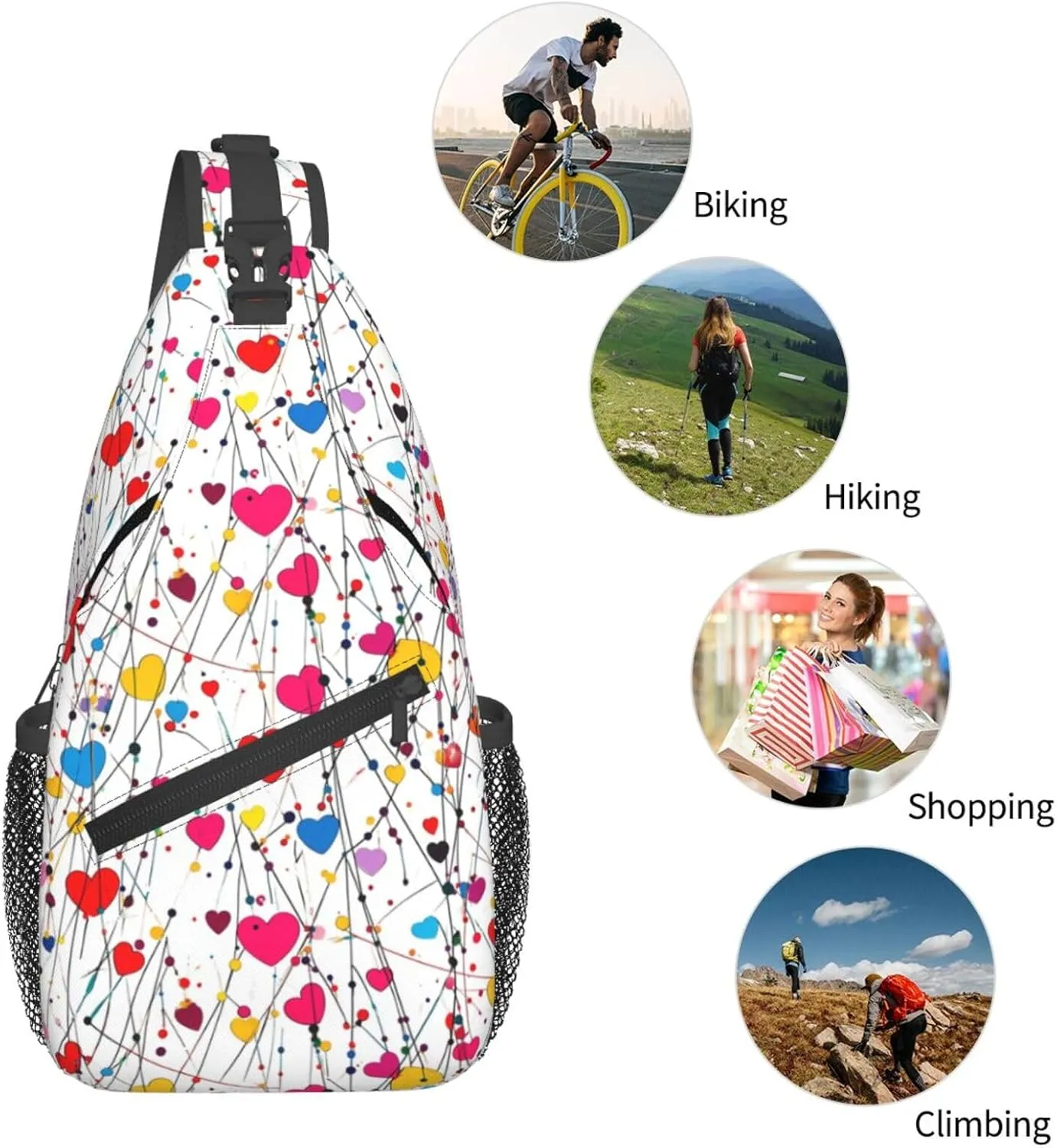 Colorful Hearts Crossbody Sling Bag For Women Men Adjustable Valentines Day Chest Bag Shoulder Bag Sling Backpack Daypack For Sport Travel Hiking