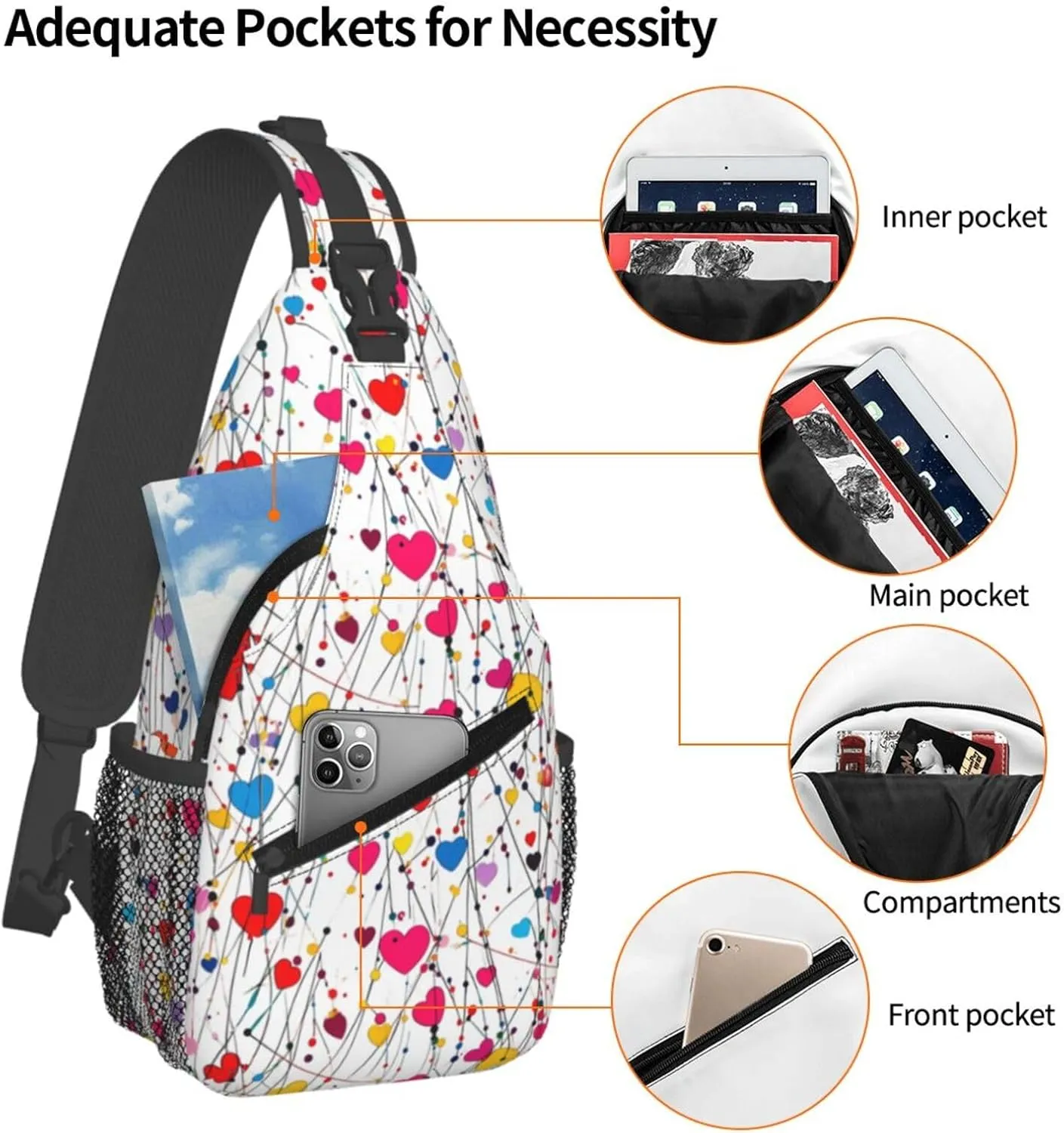 Colorful Hearts Crossbody Sling Bag For Women Men Adjustable Valentines Day Chest Bag Shoulder Bag Sling Backpack Daypack For Sport Travel Hiking