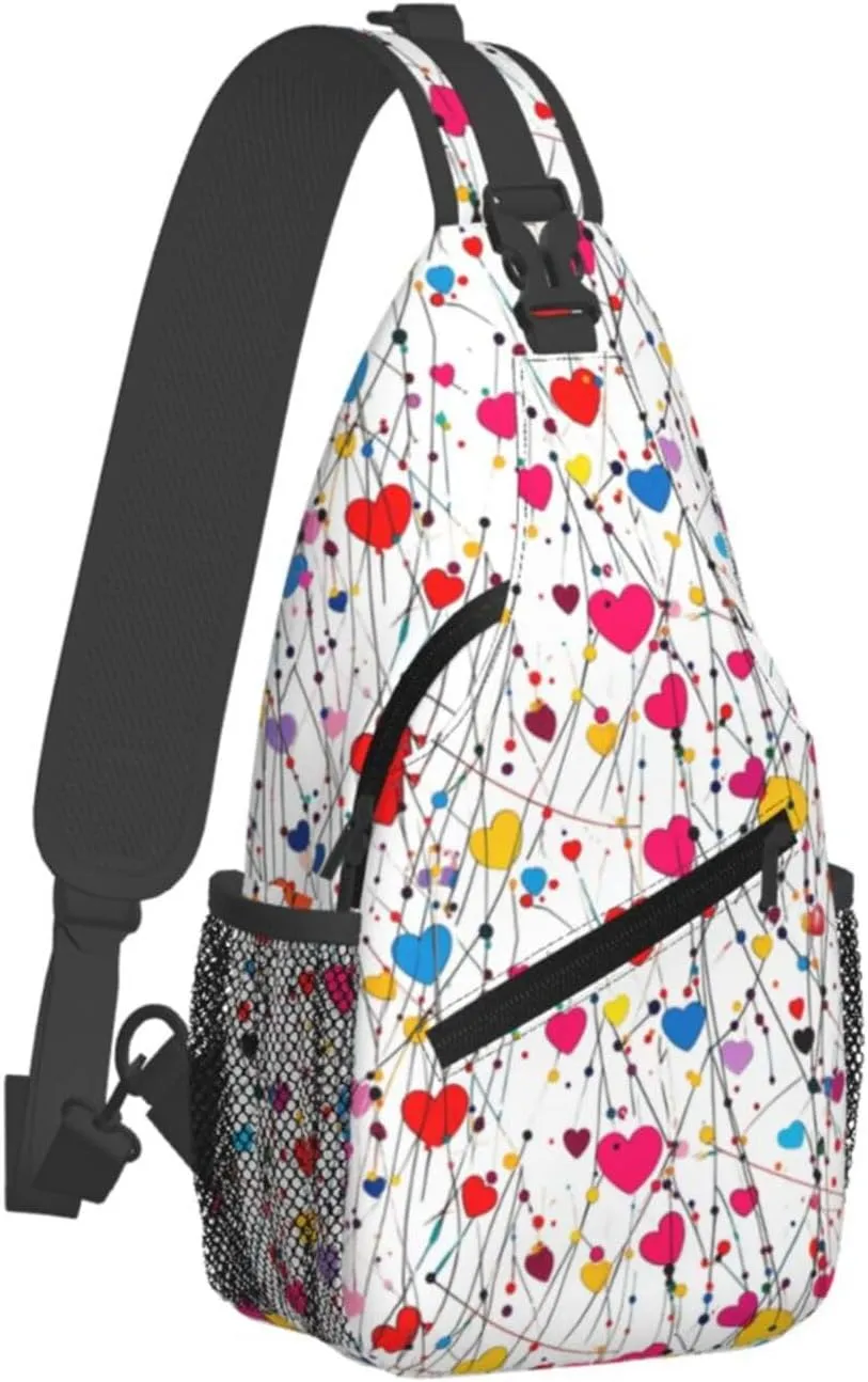 Colorful Hearts Crossbody Sling Bag For Women Men Adjustable Valentines Day Chest Bag Shoulder Bag Sling Backpack Daypack For Sport Travel Hiking