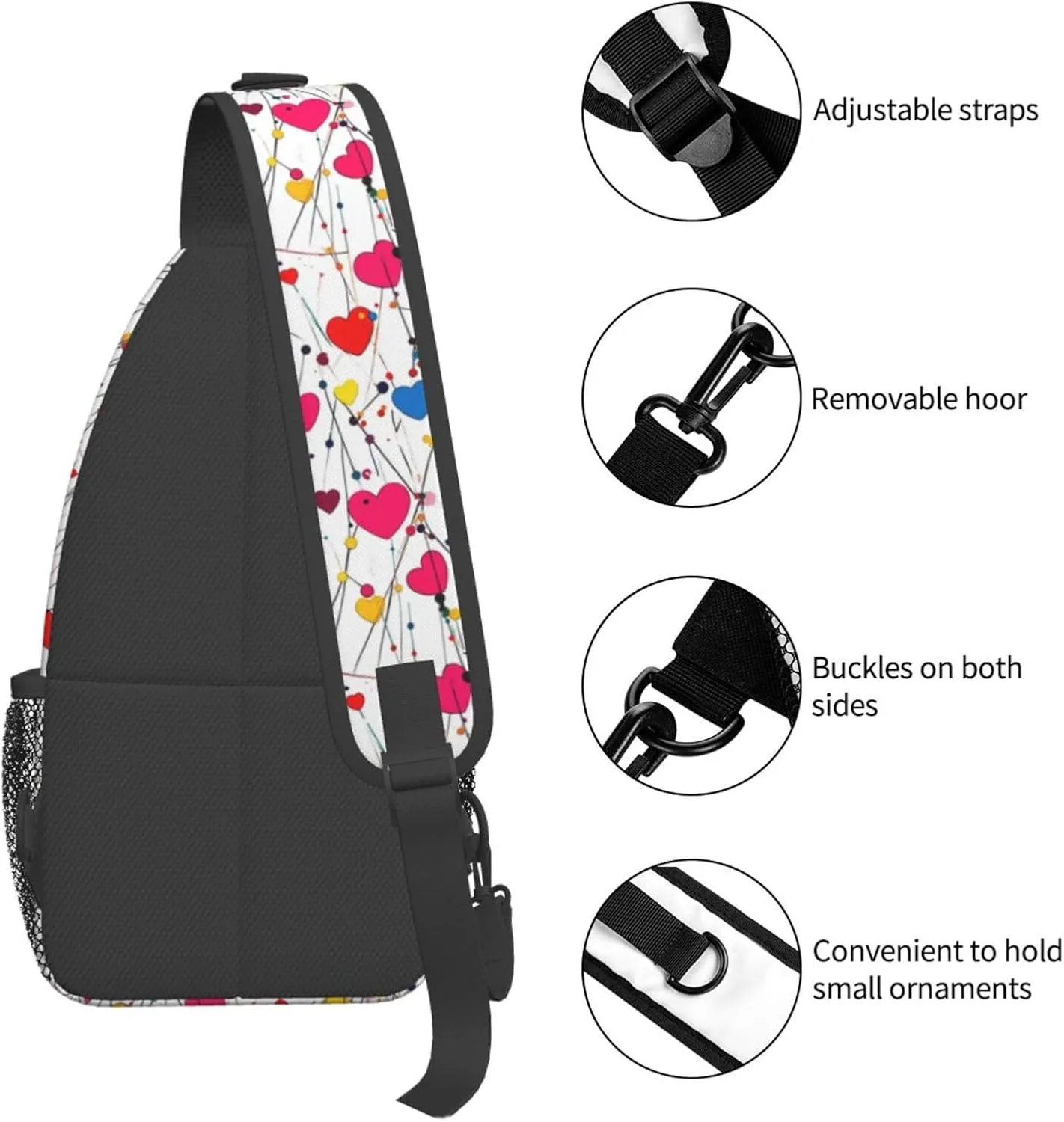 Colorful Hearts Crossbody Sling Bag For Women Men Adjustable Valentines Day Chest Bag Shoulder Bag Sling Backpack Daypack For Sport Travel Hiking