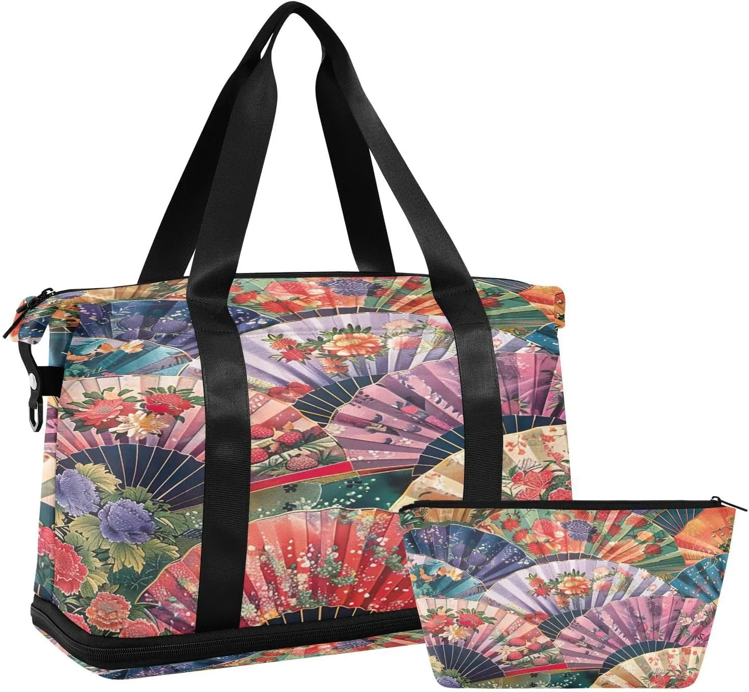Colorful Japanese Fans Duffel Bag Lightweight Carry On Gym Bags for Travel and Weekends, Versatile Overnight Bag with Shoe Compartment