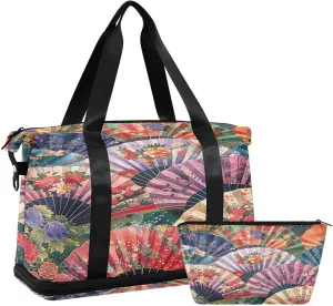 Colorful Japanese Fans Duffel Bag Lightweight Carry On Gym Bags for Travel and Weekends, Versatile Overnight Bag with Shoe Compartment