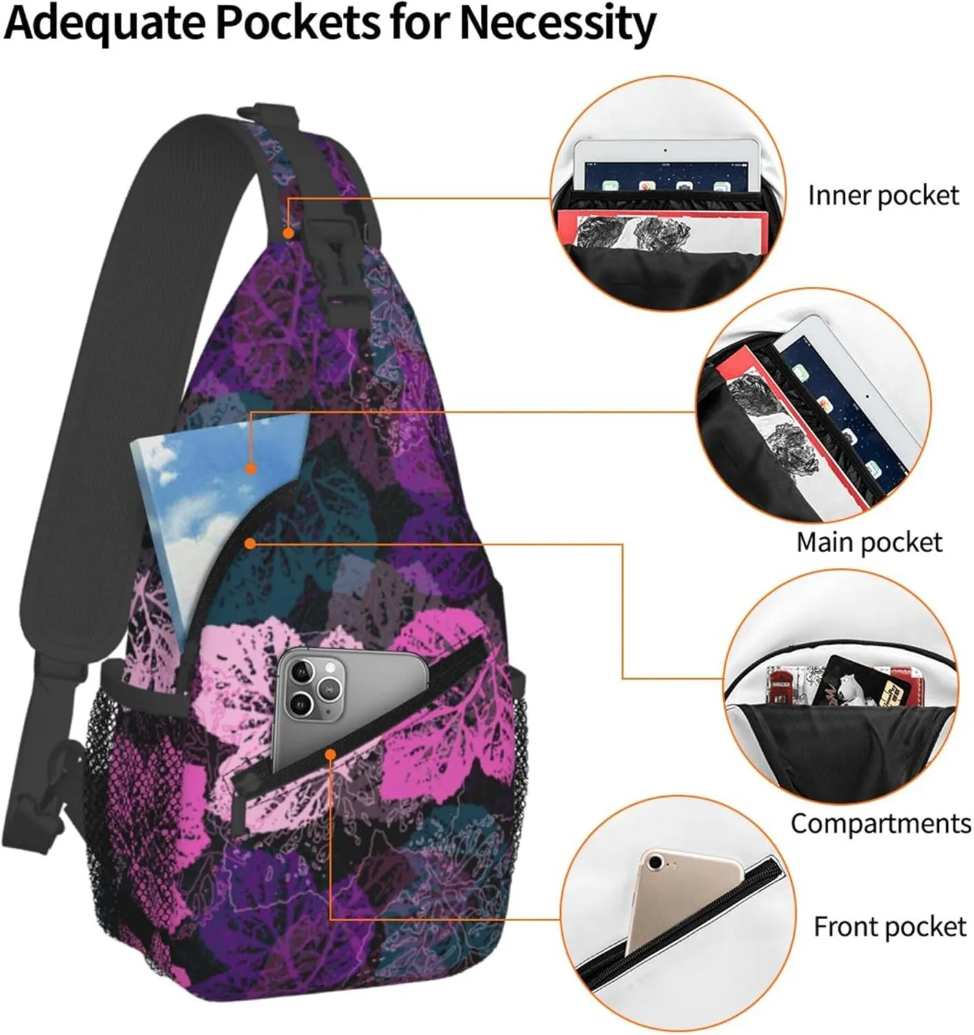 Colorful Leaves Pattern Sling Backpack Crossbody Bag, Chest Bag Daypack for Outdoors Hiking Traveling