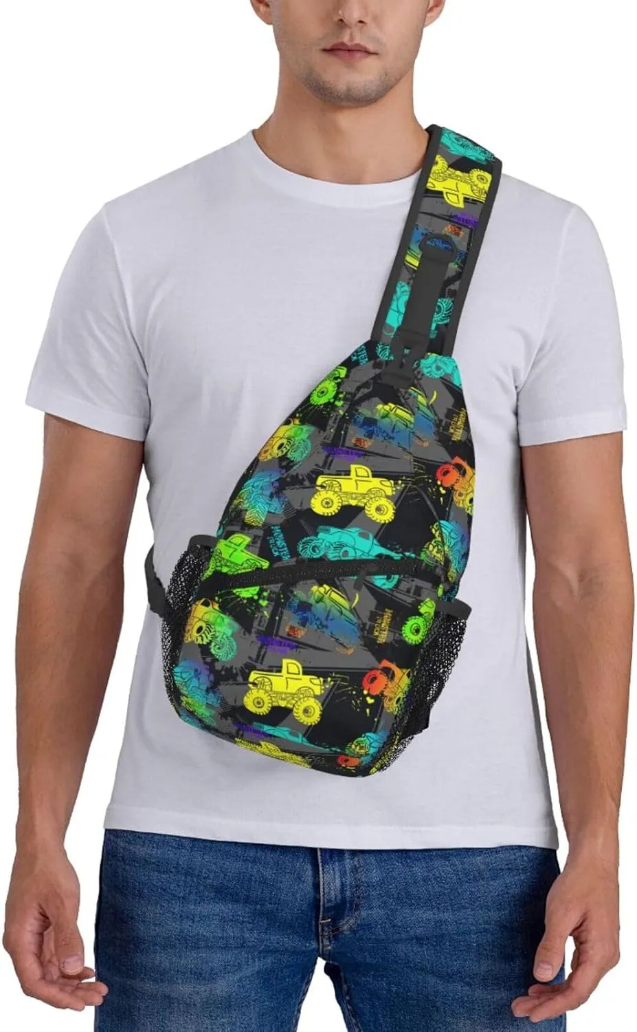 Colorful Monster Trucks Chest Sling Bag Crossbody Shoulder Backpack Bag Gym Cycling Daypack Travel Hiking Cross Bag