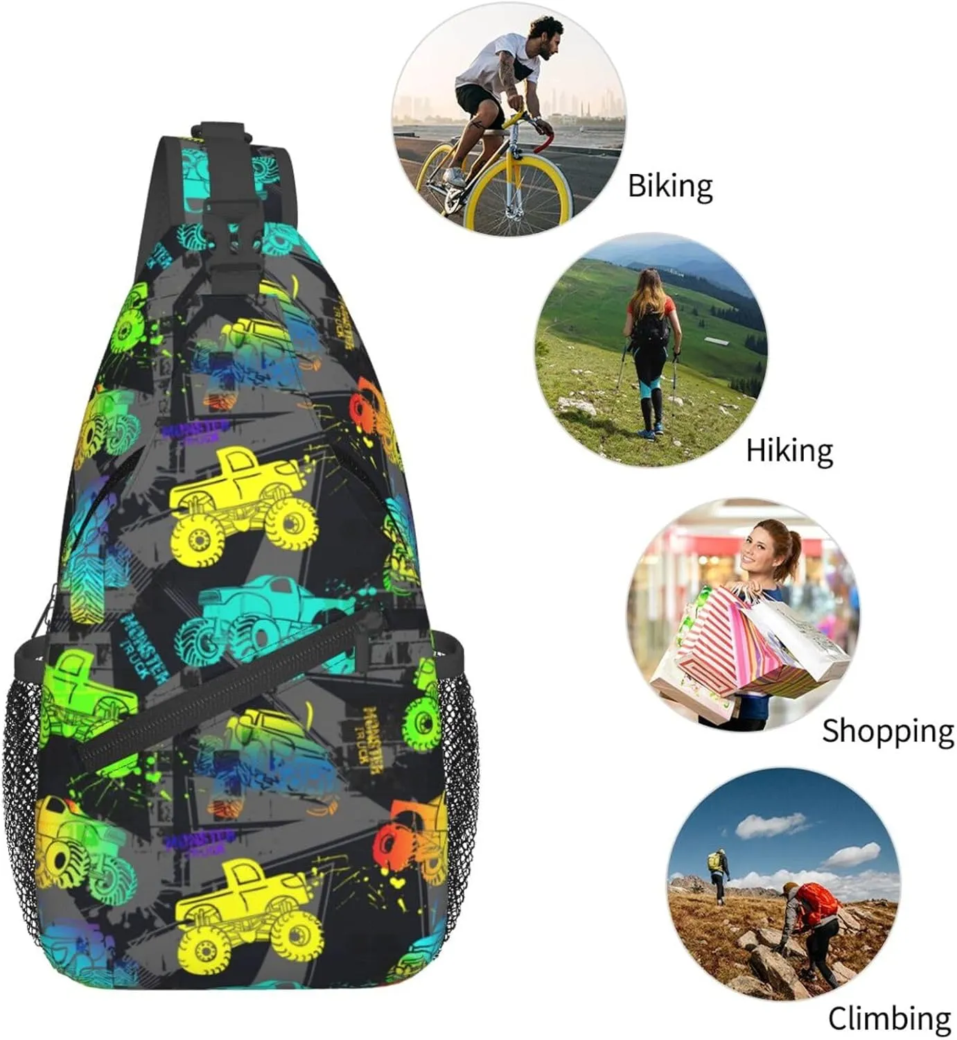 Colorful Monster Trucks Chest Sling Bag Crossbody Shoulder Backpack Bag Gym Cycling Daypack Travel Hiking Cross Bag