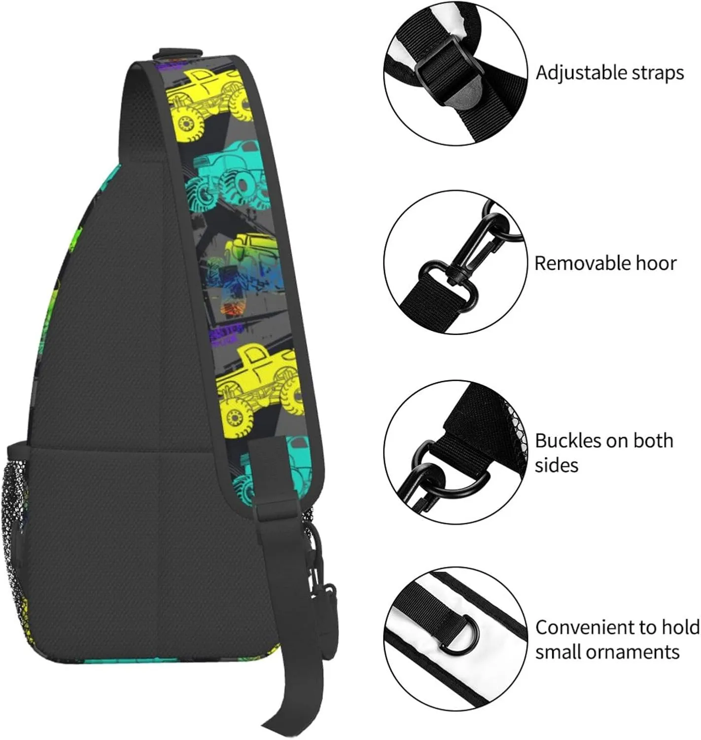 Colorful Monster Trucks Chest Sling Bag Crossbody Shoulder Backpack Bag Gym Cycling Daypack Travel Hiking Cross Bag