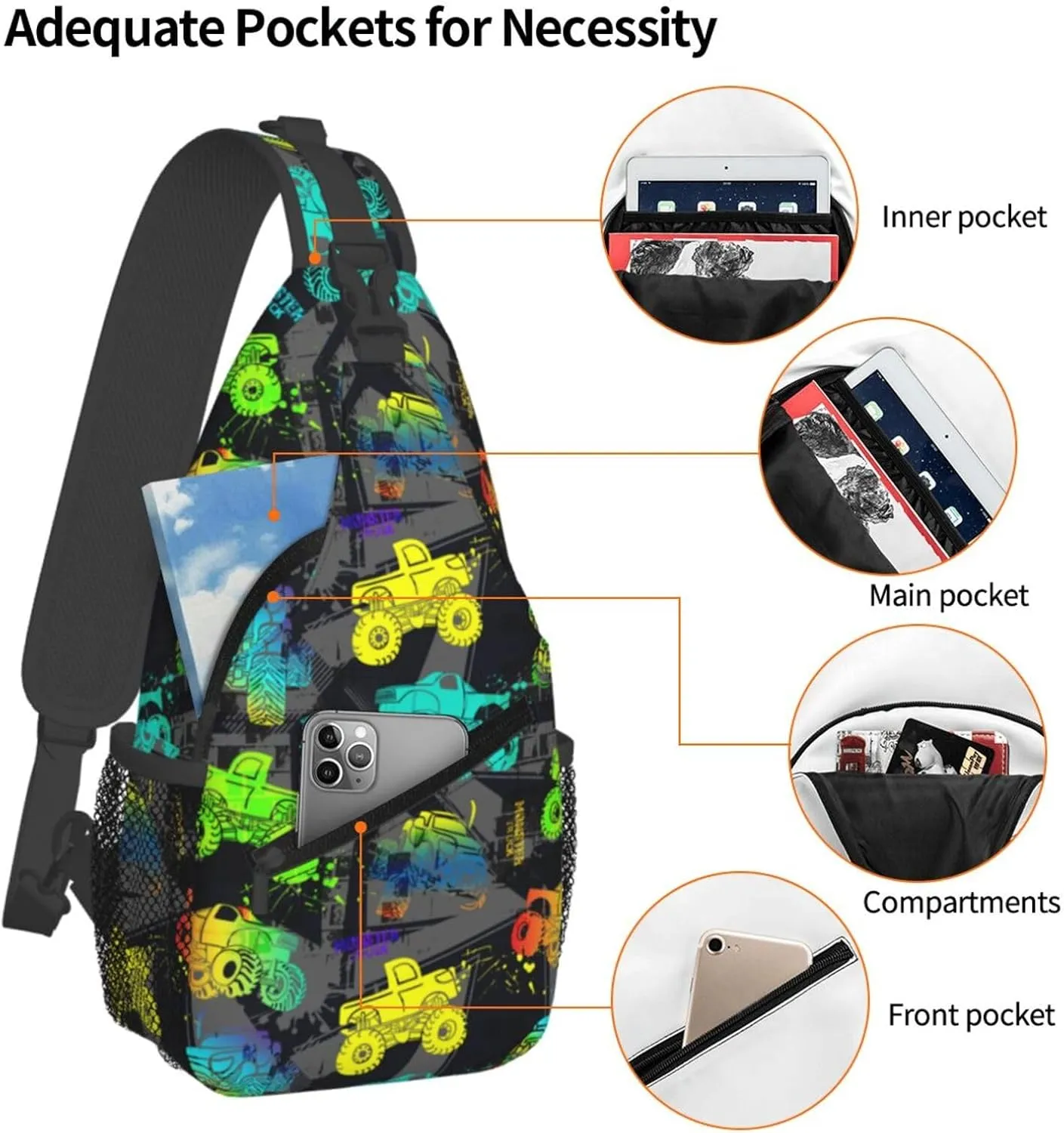 Colorful Monster Trucks Chest Sling Bag Crossbody Shoulder Backpack Bag Gym Cycling Daypack Travel Hiking Cross Bag