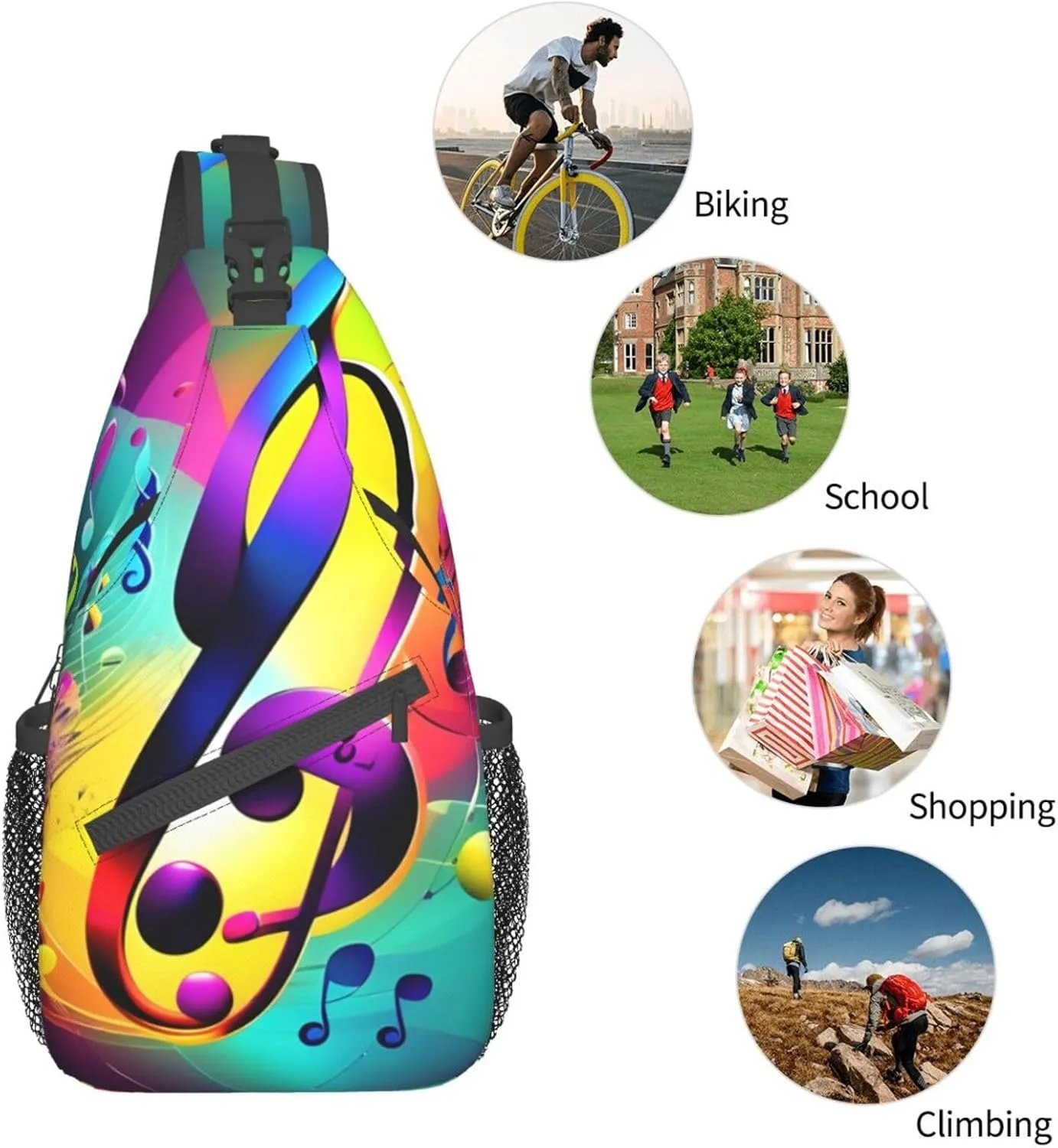 Colorful Musical Notes Unisex Casual Diagonal Chest Bag,Multipurpose Crossbody Shoulder Bag Travel Hiking Daypack