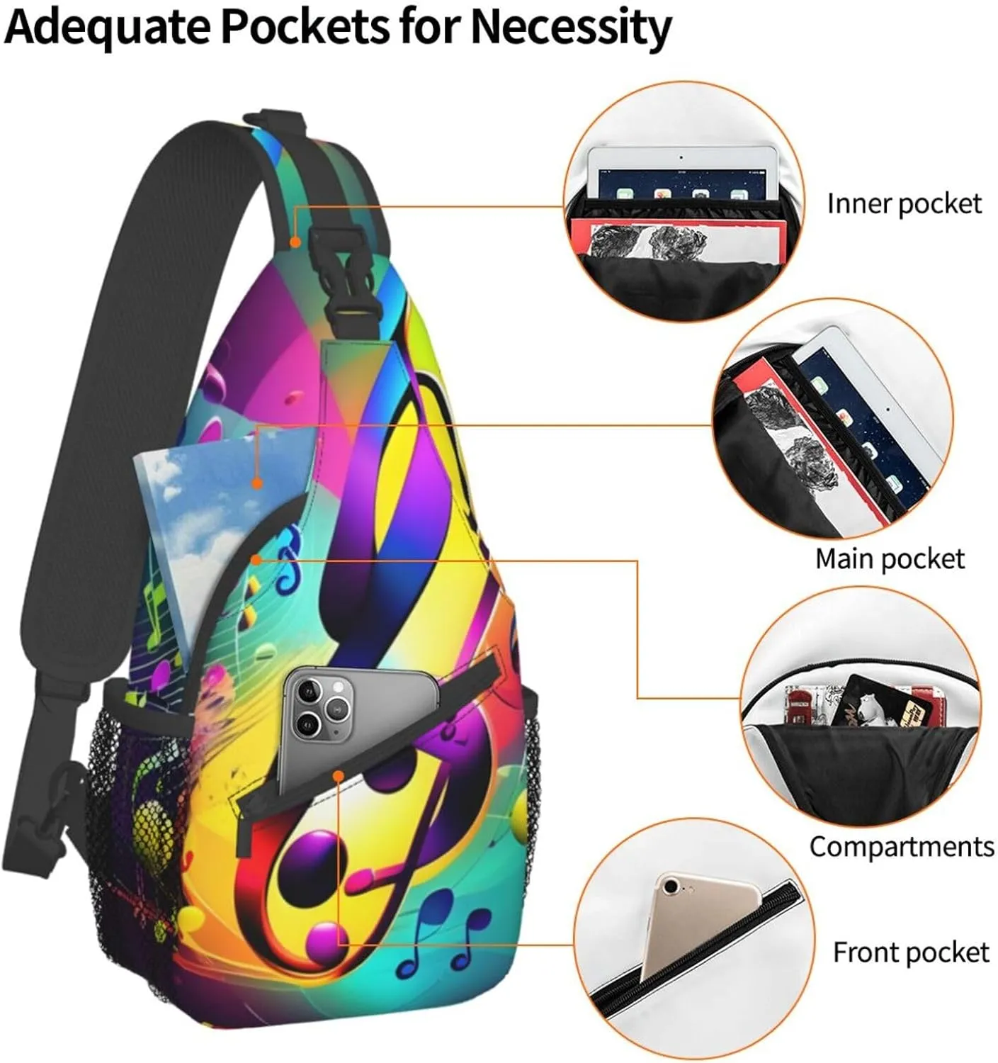 Colorful Musical Notes Unisex Casual Diagonal Chest Bag,Multipurpose Crossbody Shoulder Bag Travel Hiking Daypack