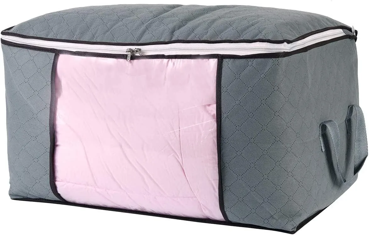 combocube Comforter Storage Bag, Jumbo Zippered Bag with Large Clear Window and Carry Handles, Space Saver Organizers for Closet, Blanket, Pillow, Quilt, Bedding, Clothes (4Pcs Grey Large)