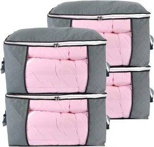 combocube Comforter Storage Bag, Jumbo Zippered Bag with Large Clear Window and Carry Handles, Space Saver Organizers for Closet, Blanket, Pillow, Quilt, Bedding, Clothes (4Pcs Grey Large)