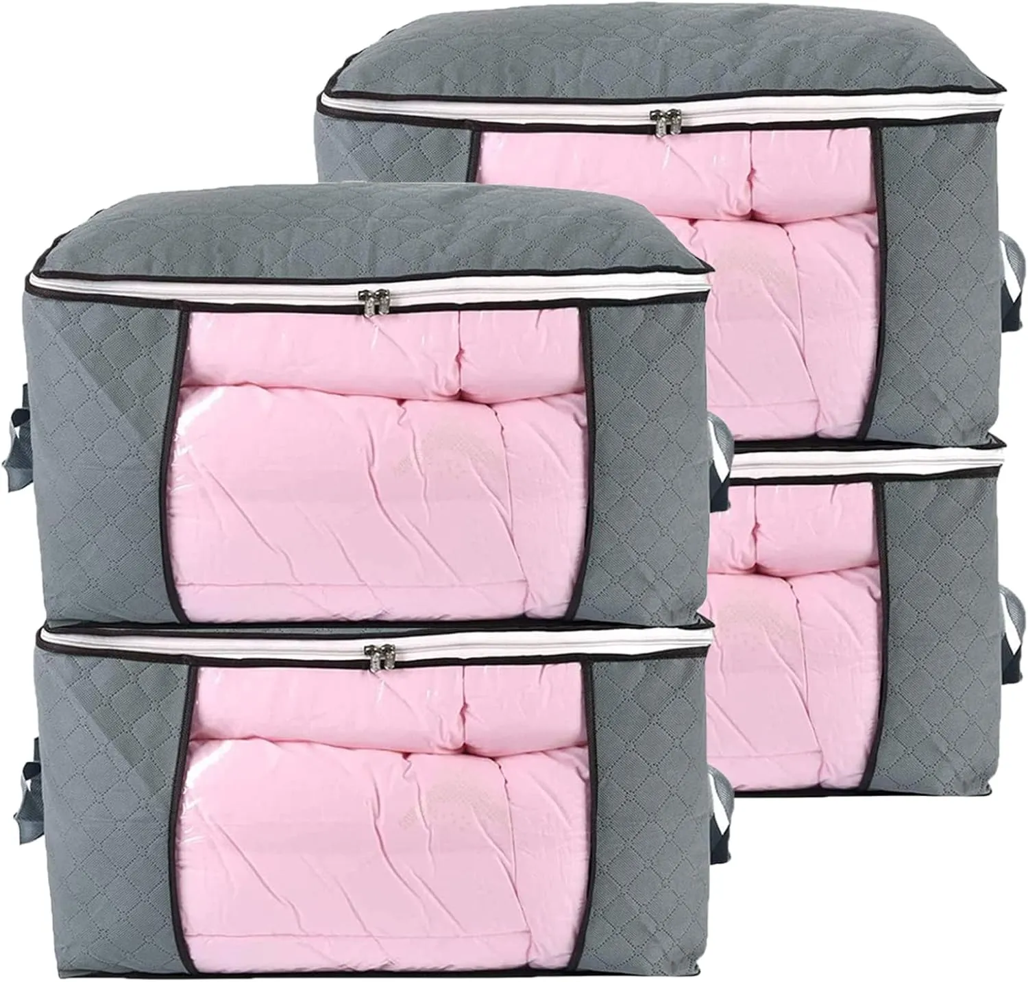 combocube Comforter Storage Bag, Jumbo Zippered Bag with Large Clear Window and Carry Handles, Space Saver Organizers for Closet, Blanket, Pillow, Quilt, Bedding, Clothes (4Pcs Grey Large)