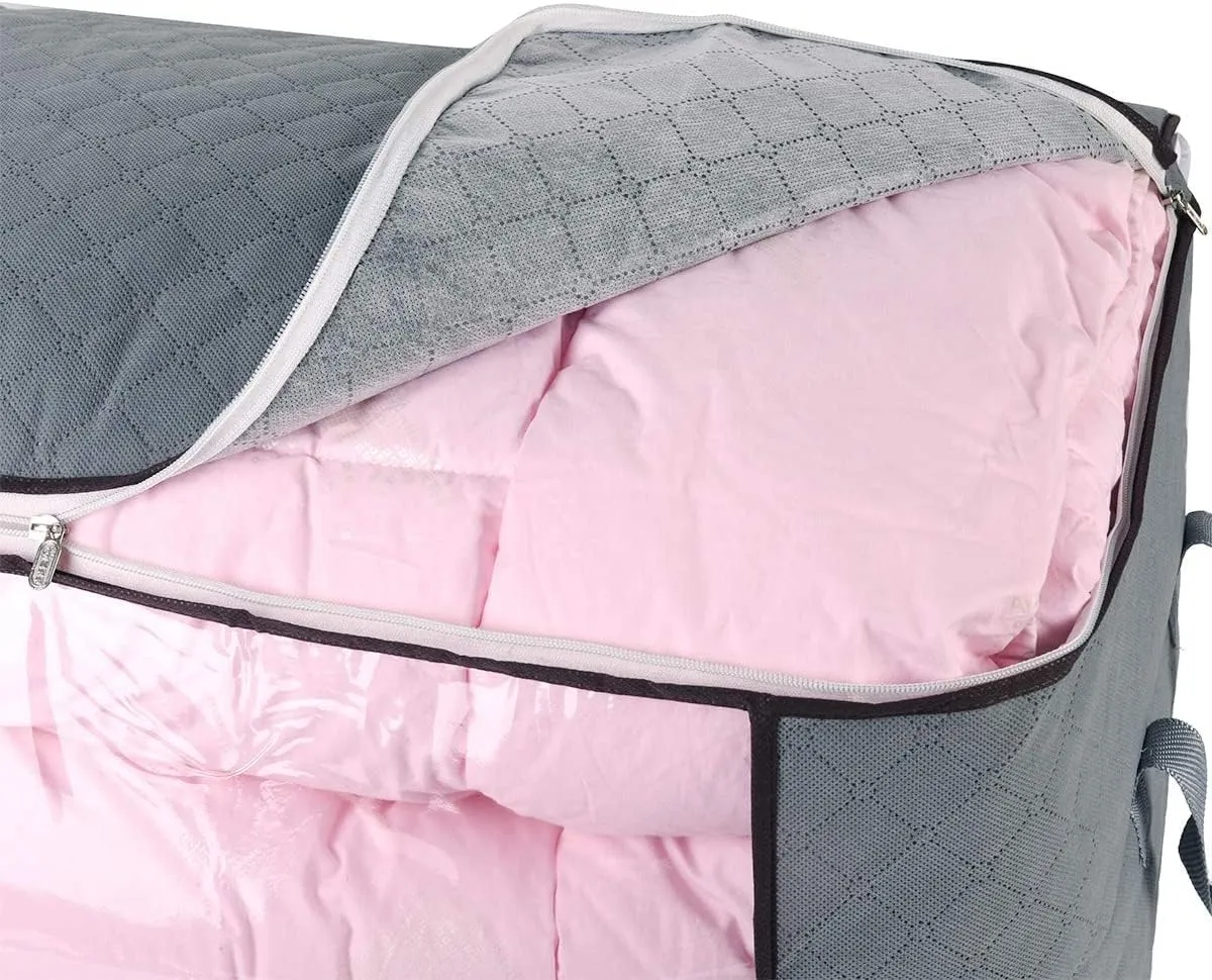 combocube Comforter Storage Bag, Jumbo Zippered Bag with Large Clear Window and Carry Handles, Space Saver Organizers for Closet, Blanket, Pillow, Quilt, Bedding, Clothes (4Pcs Grey Large)