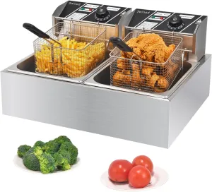 Commercial Deep Fryer with Baskets, 3400W 12.7QT/12L Thickened Stainless Steel Countertop Electric Oil Fryer, Large Capacity with Temperature Control