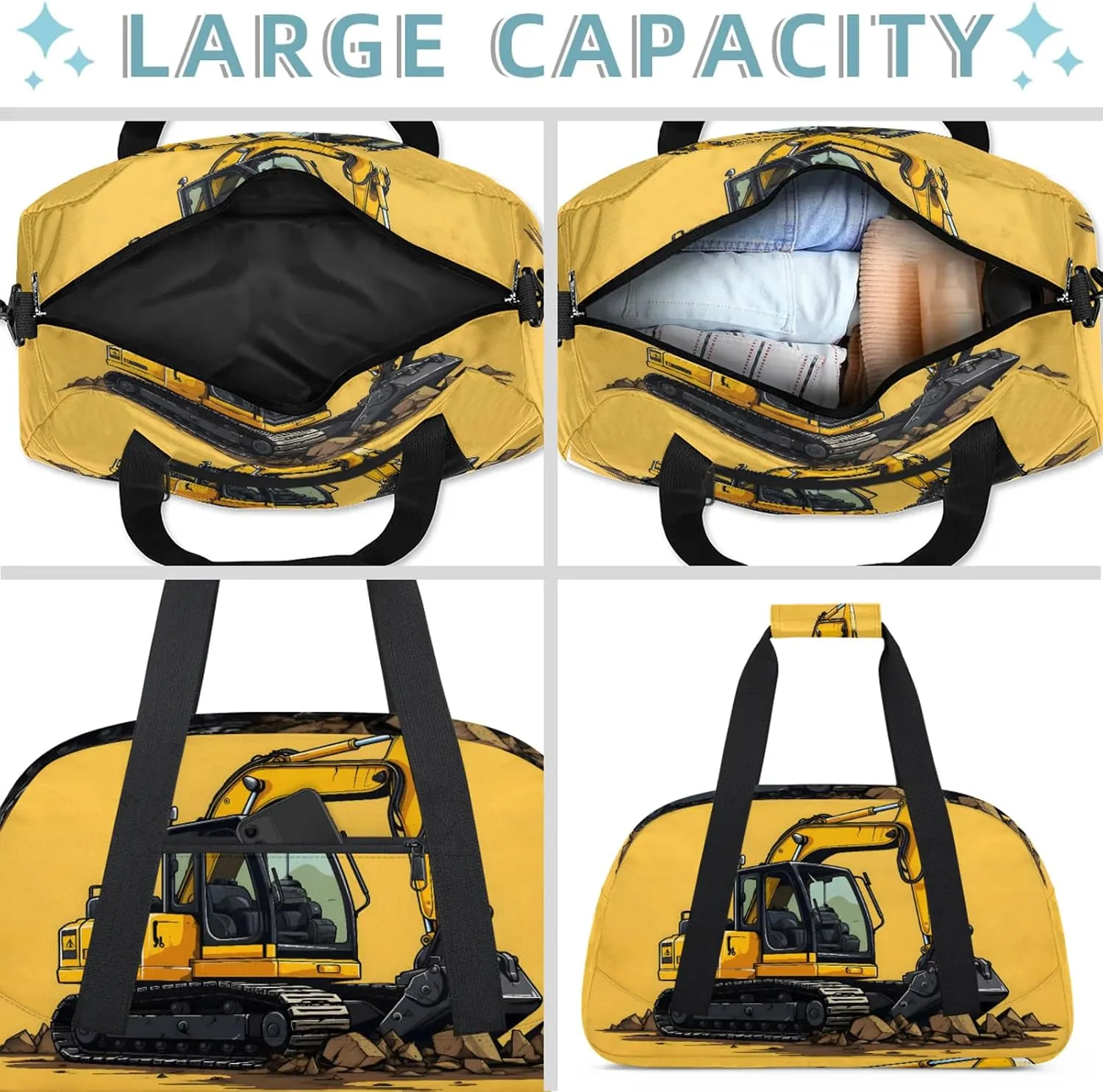 Construction Excavator Bulldozer Construction Vehicle Small Gym Bag 18 inch Carry On Duffel Bag for Weekender Travel Sports Workout Yoga Gymnastics Dance Ballet