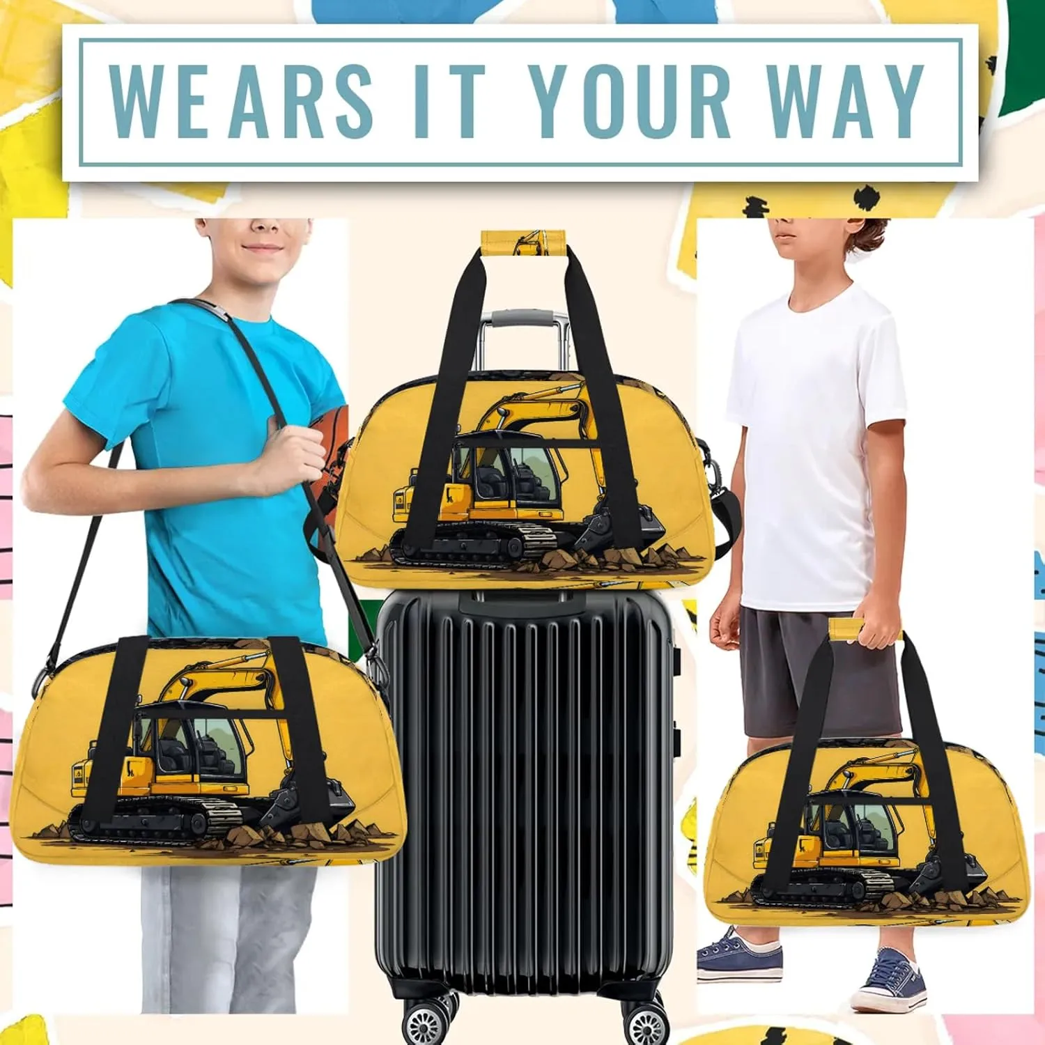 Construction Excavator Bulldozer Construction Vehicle Small Gym Bag 18 inch Carry On Duffel Bag for Weekender Travel Sports Workout Yoga Gymnastics Dance Ballet