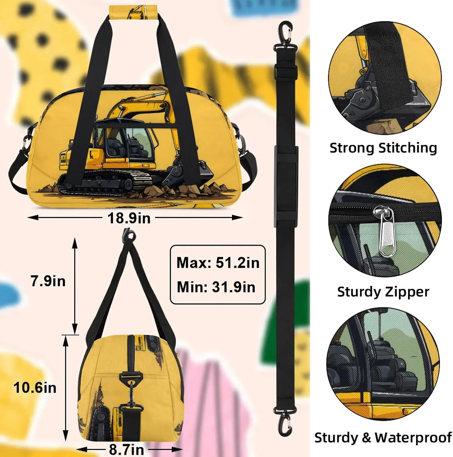 Construction Excavator Bulldozer Construction Vehicle Small Gym Bag 18 inch Carry On Duffel Bag for Weekender Travel Sports Workout Yoga Gymnastics Dance Ballet