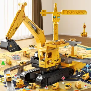 Construction Trucks Cars Toys for Toddlers, Kids Engineering Digger Race Tracks, Excavator Crane Boy Toys for 3-5 Year Old, Birthday Gifts for Kids Age 3 4 5 6 Year Old Boy