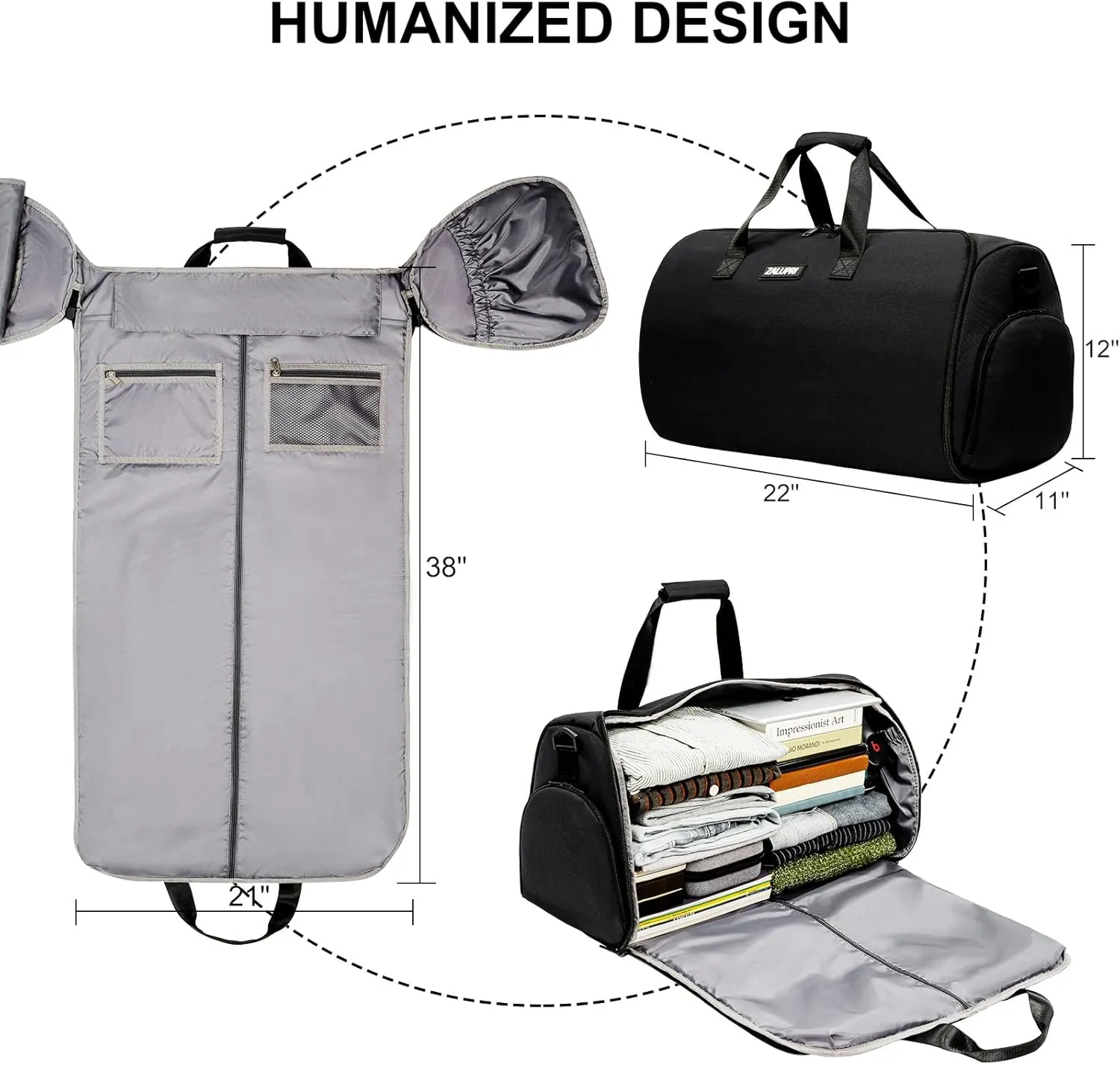 Convertible Garment Duffel Bag with Shoe Compartment,ZALUPRI Carry on Garment Bag for Men Women 2 in 1 Hanging Suitcase Suit Weekend Travel Bag, Black