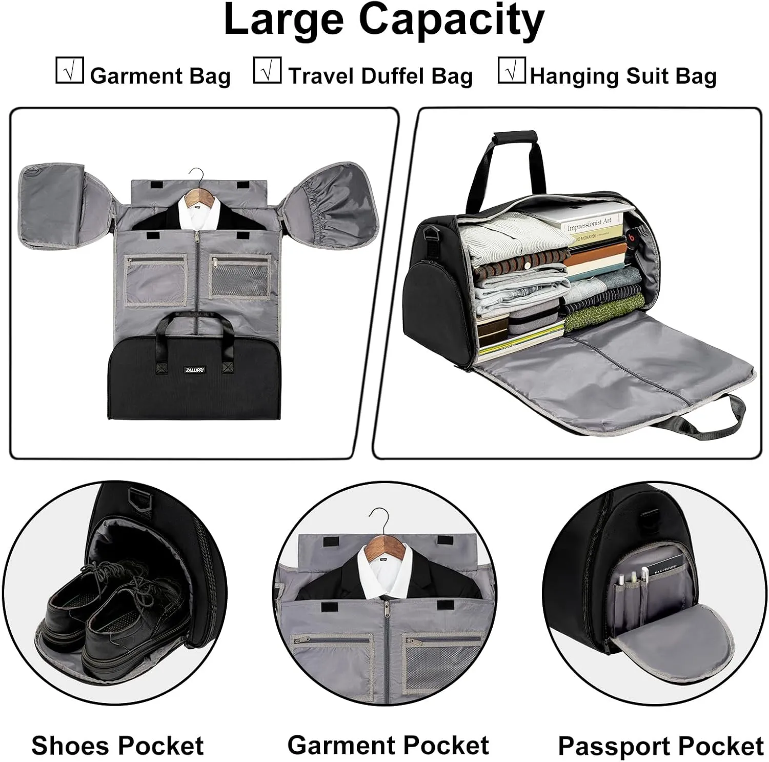 Convertible Garment Duffel Bag with Shoe Compartment,ZALUPRI Carry on Garment Bag for Men Women 2 in 1 Hanging Suitcase Suit Weekend Travel Bag, Black