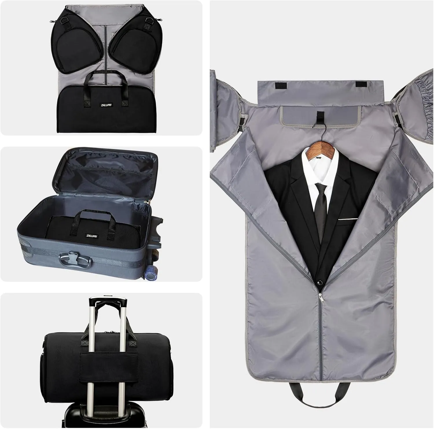 Convertible Garment Duffel Bag with Shoe Compartment,ZALUPRI Carry on Garment Bag for Men Women 2 in 1 Hanging Suitcase Suit Weekend Travel Bag, Black