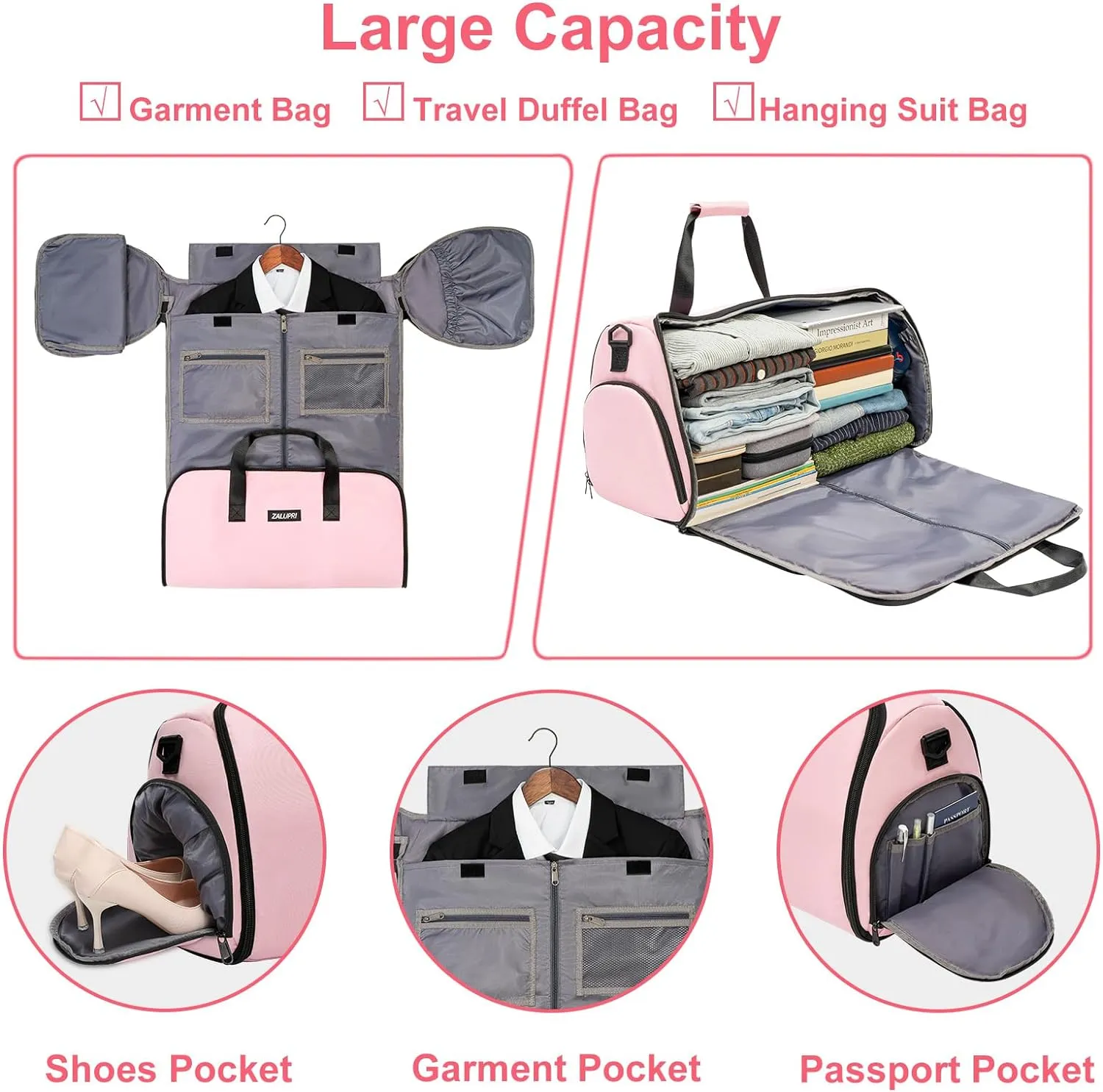 Convertible Garment Duffel Bag with Shoe Compartment,ZALUPRI Carry on Garment Bag for Men Women 2 in 1 Hanging Suitcase Suit Weekend Travel Bag, Pink