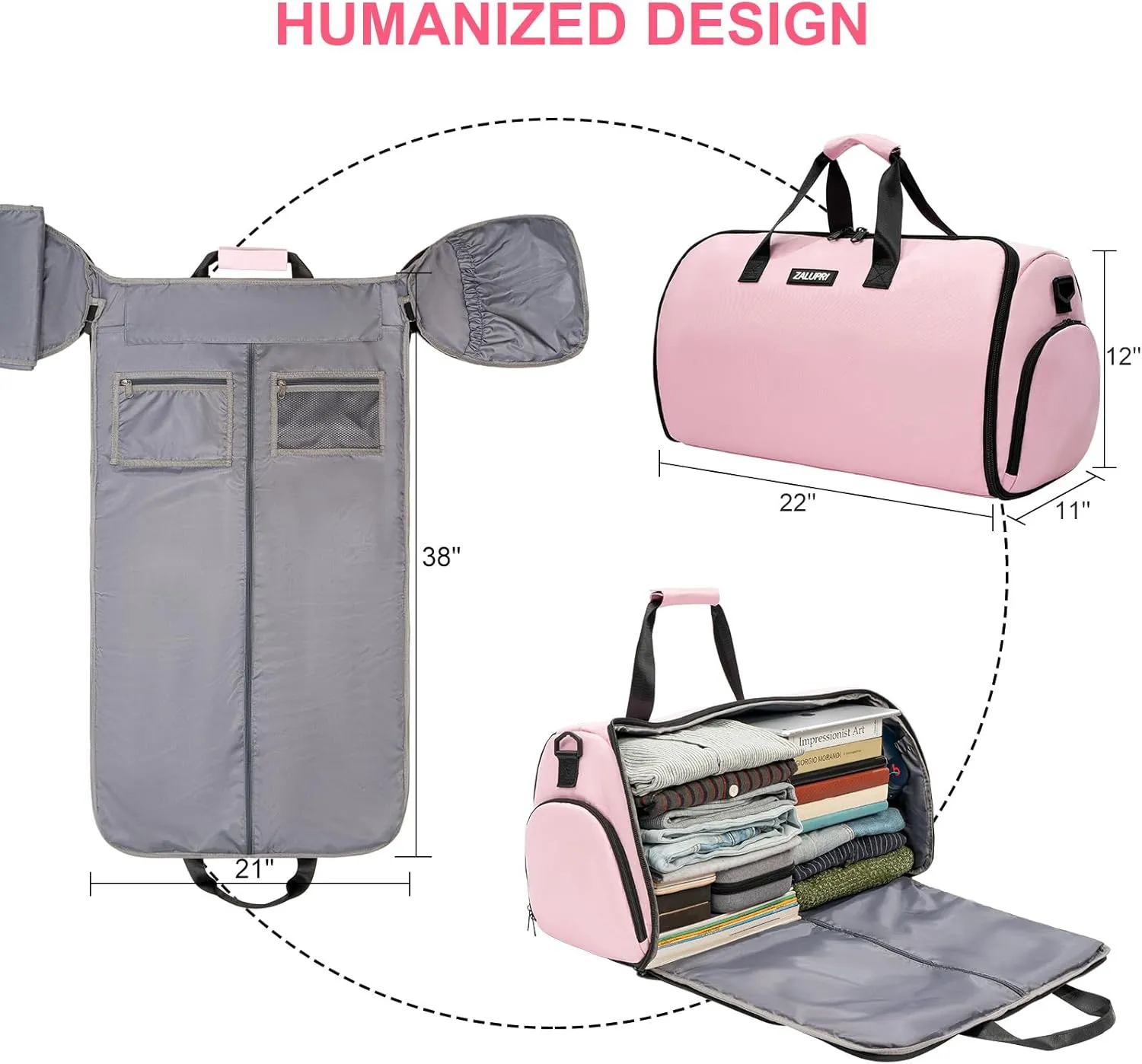 Convertible Garment Duffel Bag with Shoe Compartment,ZALUPRI Carry on Garment Bag for Men Women 2 in 1 Hanging Suitcase Suit Weekend Travel Bag, Pink