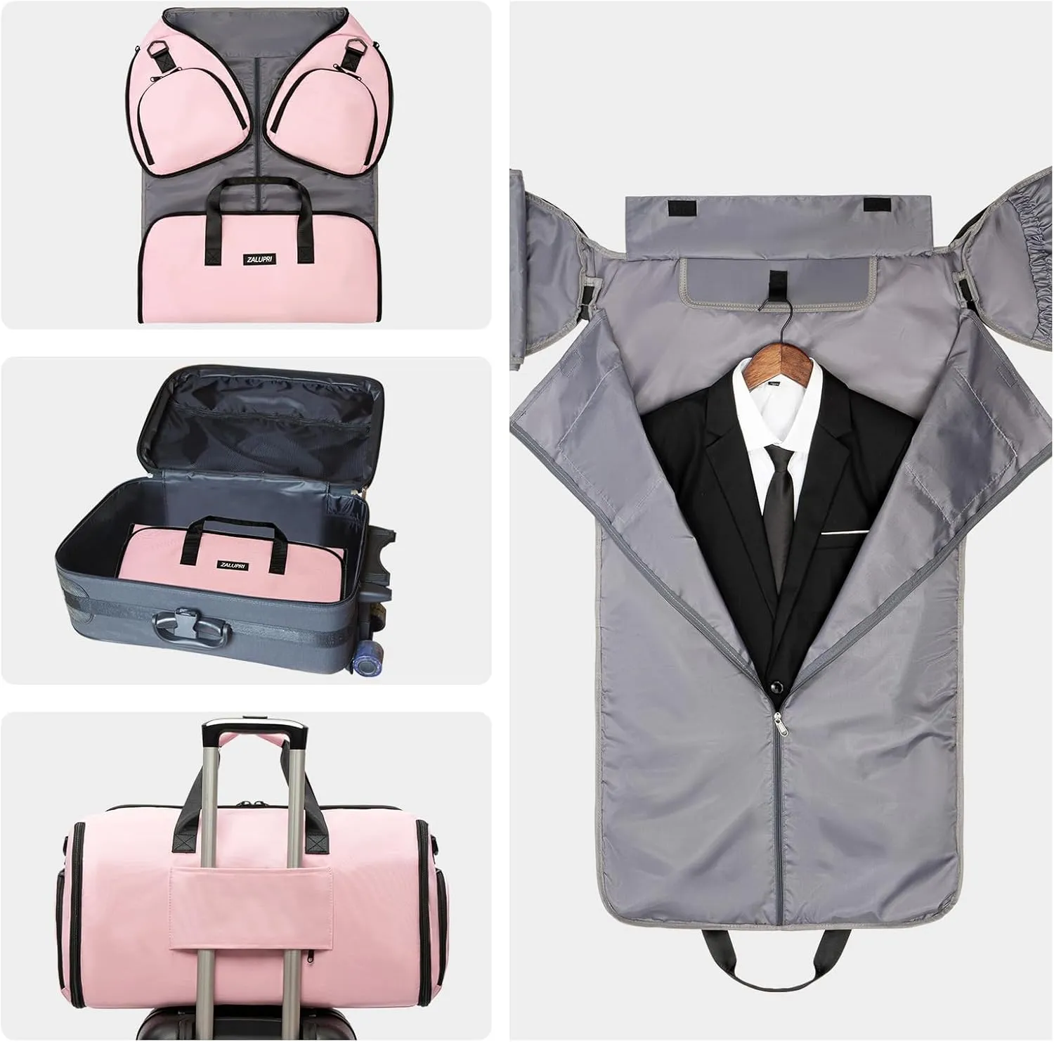 Convertible Garment Duffel Bag with Shoe Compartment,ZALUPRI Carry on Garment Bag for Men Women 2 in 1 Hanging Suitcase Suit Weekend Travel Bag, Pink