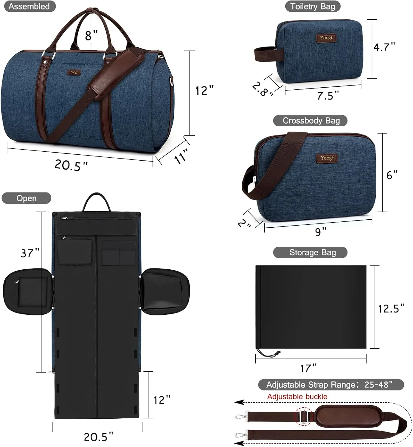 Convertible Garment Duffle Bags for Travel - Carry on Garment Bag for Men Women Large Travel Duffel Bag with Crossbody Bag 4pcs Set, 2 in 1 Hanging Suit Dress Clothes Travel Bag
