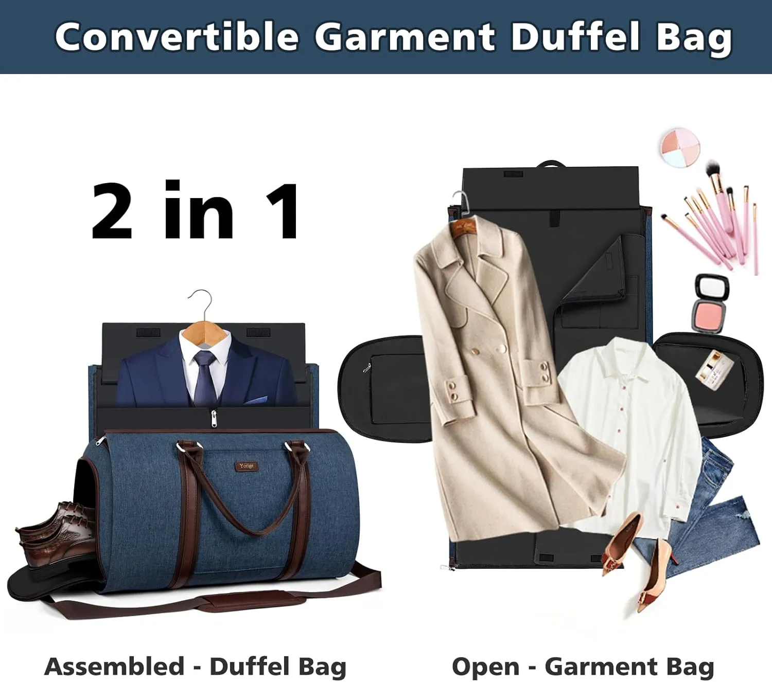 Convertible Garment Duffle Bags for Travel - Carry on Garment Bag for Men Women Large Travel Duffel Bag with Crossbody Bag 4pcs Set, 2 in 1 Hanging Suit Dress Clothes Travel Bag