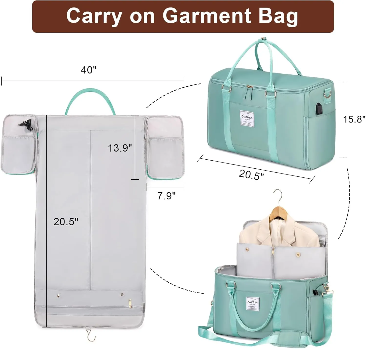 Convertible Travel Garment Bag, Carry On Garment Duffle Bag with Toiletry and Shoe bag, Garment Bags for Travel, 2 in 1 Hanging Dress Suitcase Suit Travel Bags for Women with USB Charging Port
