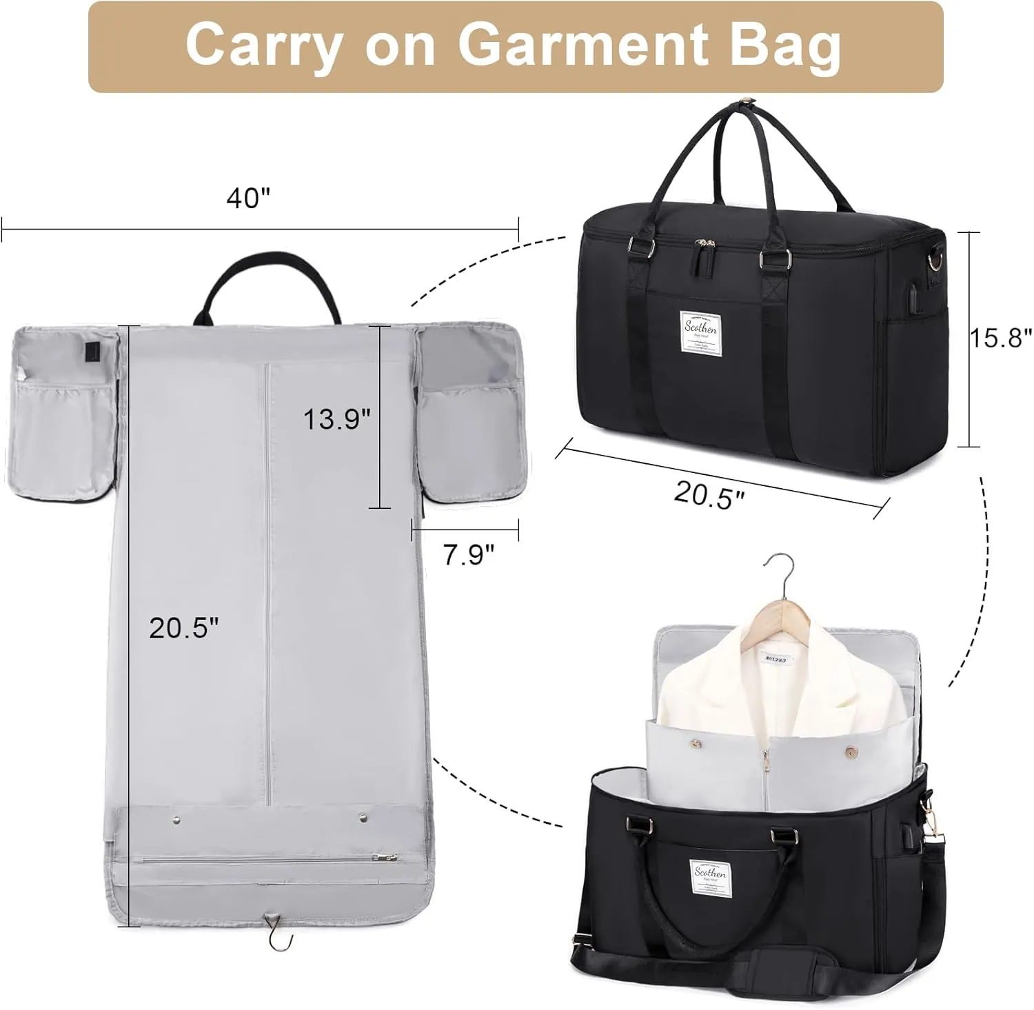 Convertible Travel Garment Bag,Carry On Garment Duffle Bag with Toiletry and Shoe bag,Garment Bags for Travel,2 in 1 Hanging Dress Suitcase Suit Travel Bags for Women with USB Charging Port