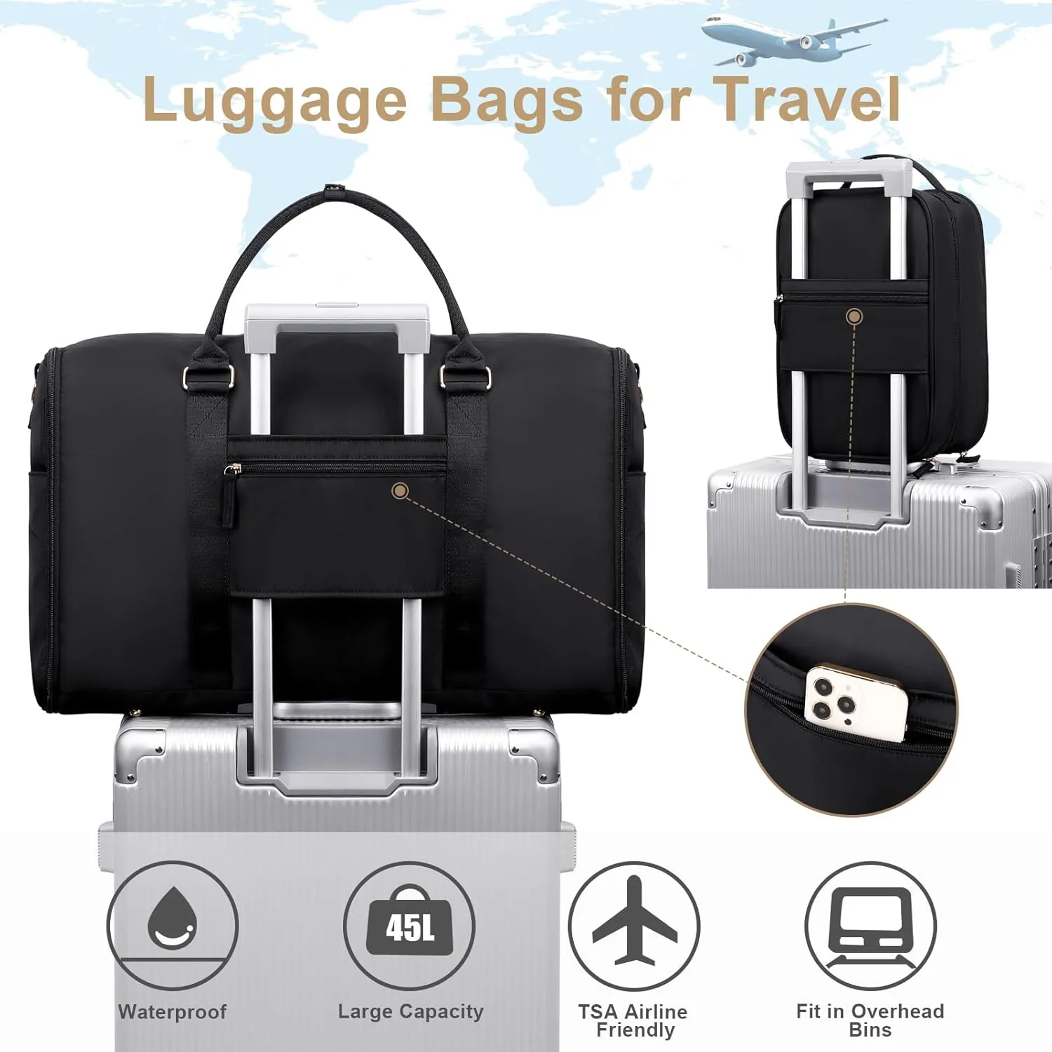 Convertible Travel Garment Bag,Carry On Garment Duffle Bag with Toiletry and Shoe bag,Garment Bags for Travel,2 in 1 Hanging Dress Suitcase Suit Travel Bags for Women with USB Charging Port