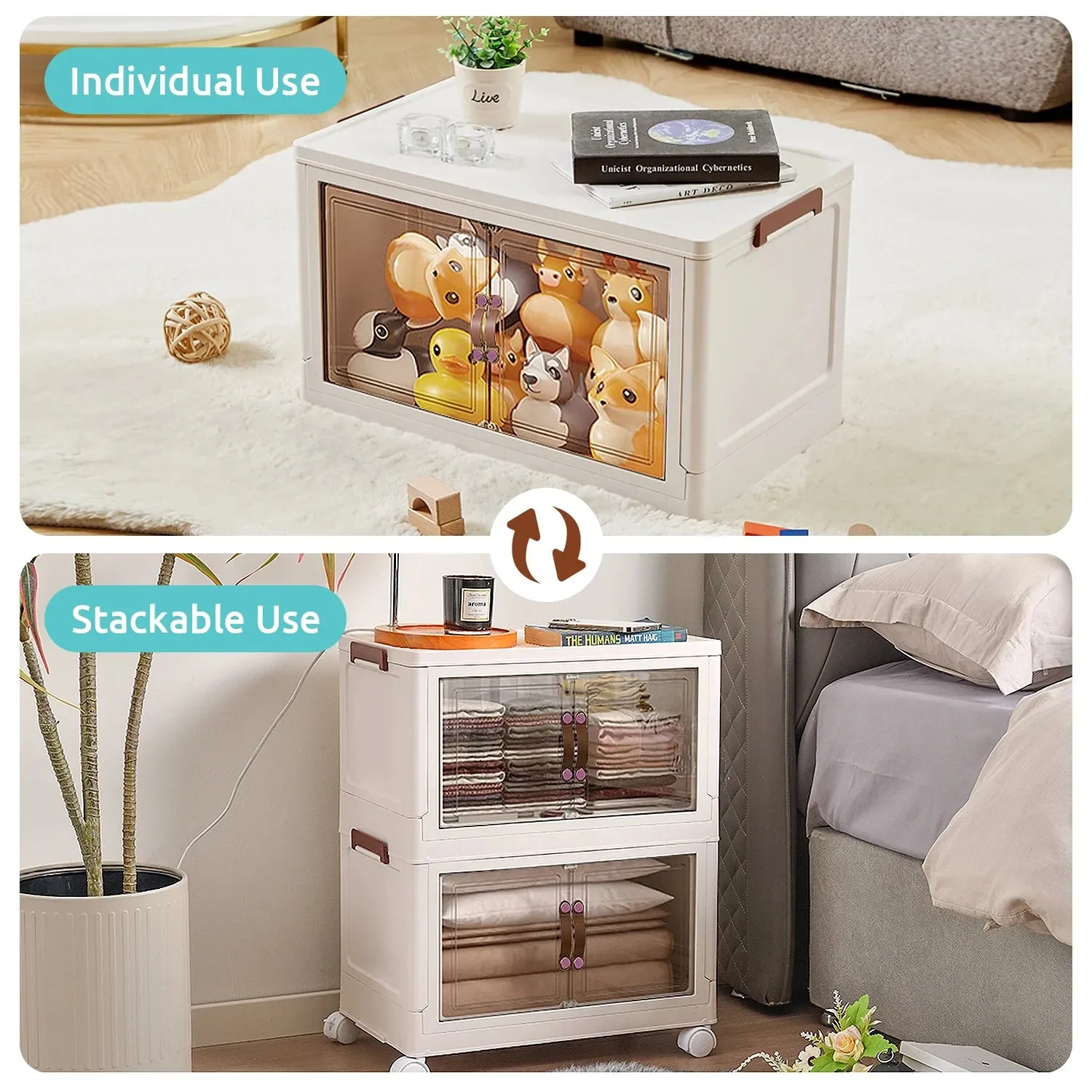 COOKCOK Storage Bins with Lids,3 Packs Stackable Bins with Wheels, Dual Open Collapsible Storage Bins for Home and Office, 25.6"x16.5"x43.5