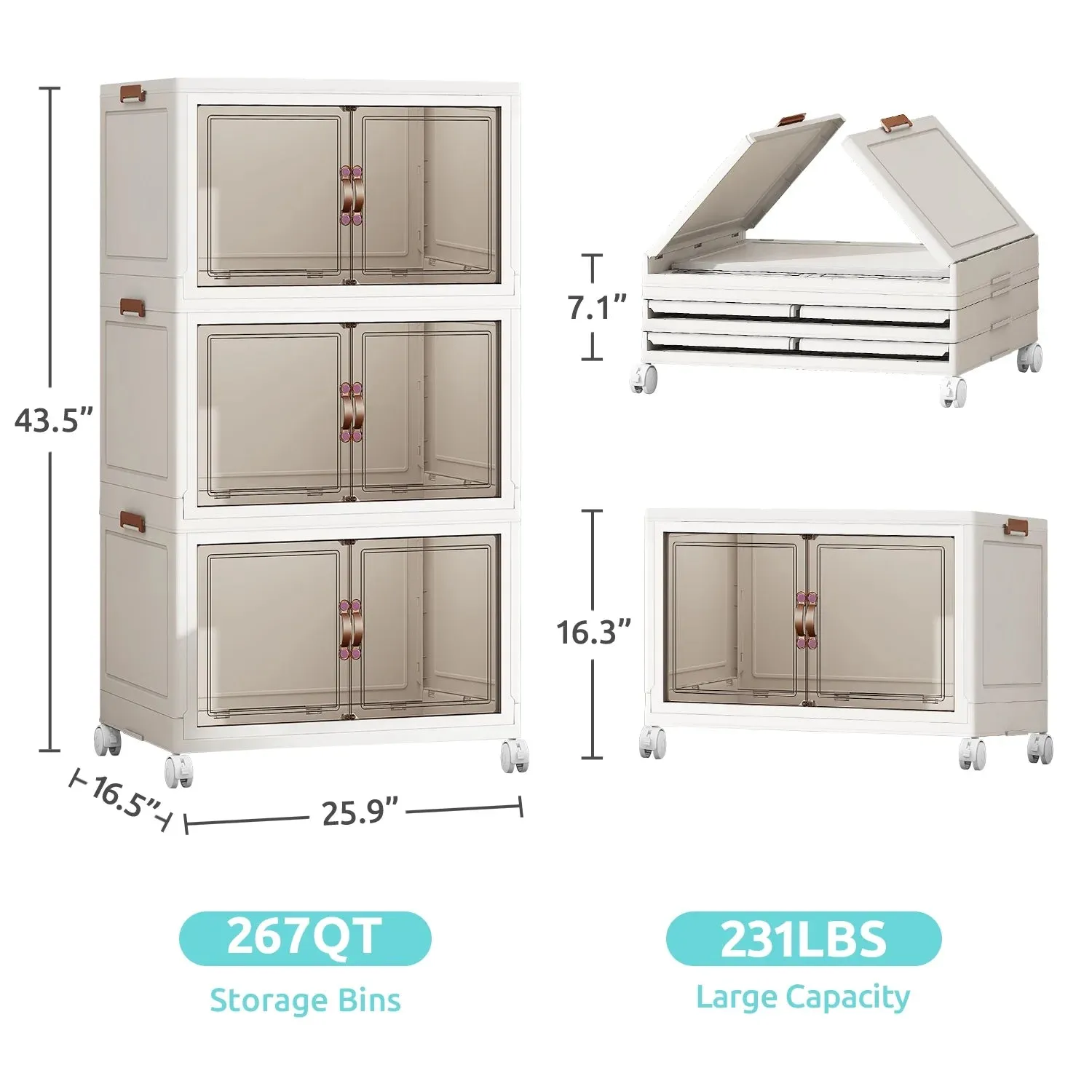 COOKCOK Storage Bins with Lids,3 Packs Stackable Bins with Wheels, Dual Open Collapsible Storage Bins for Home and Office, 25.6"x16.5"x43.5