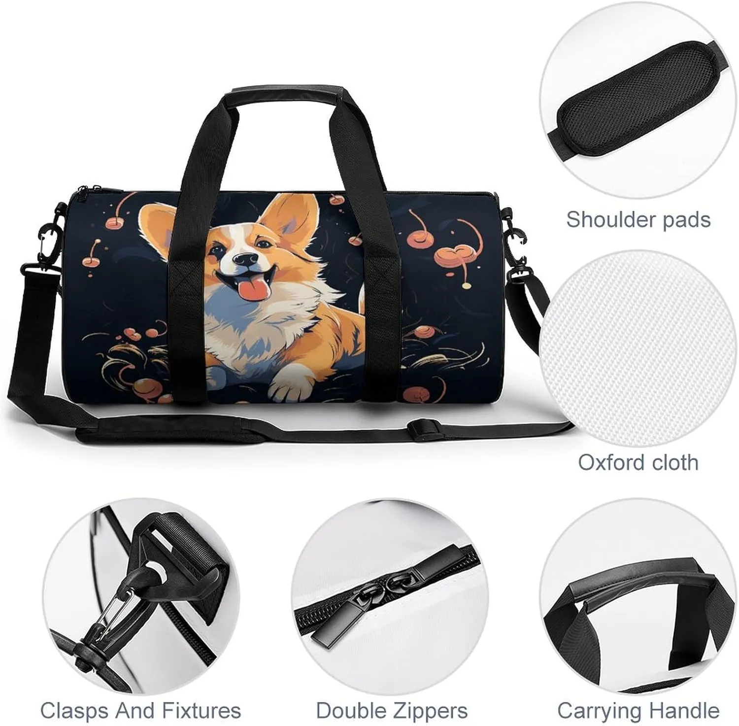 Corgi Dog on Dark Background Gym Bag Small Travel Duffle Bag with Compartment Carry On Weekender Bag for Women Men