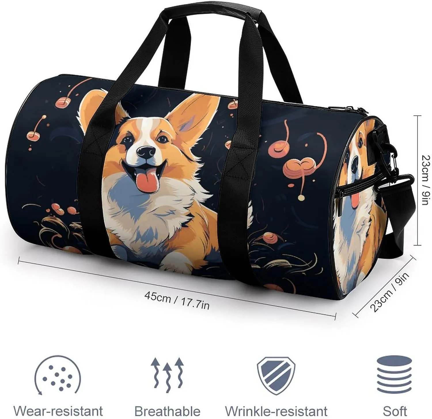 Corgi Dog on Dark Background Gym Bag Small Travel Duffle Bag with Compartment Carry On Weekender Bag for Women Men