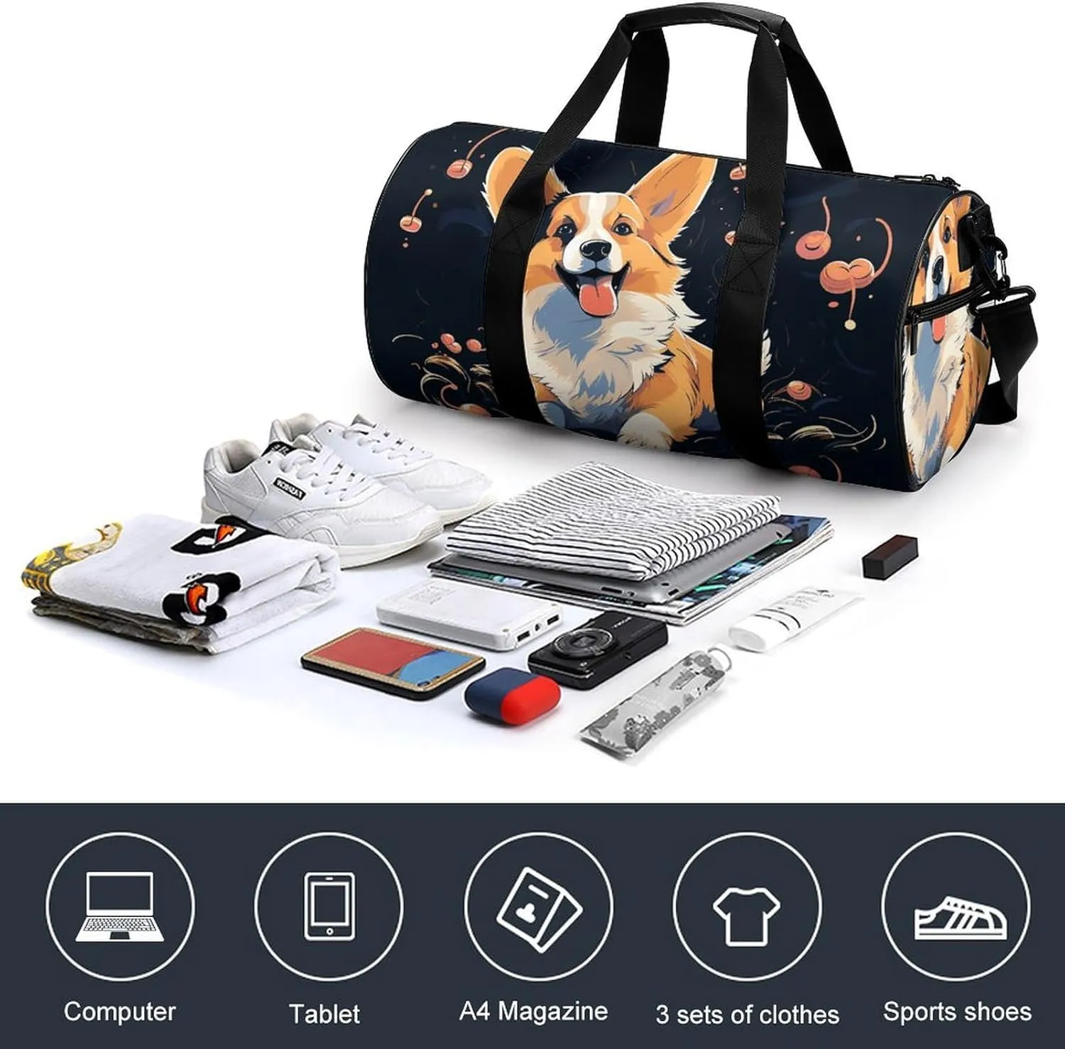 Corgi Dog on Dark Background Gym Bag Small Travel Duffle Bag with Compartment Carry On Weekender Bag for Women Men