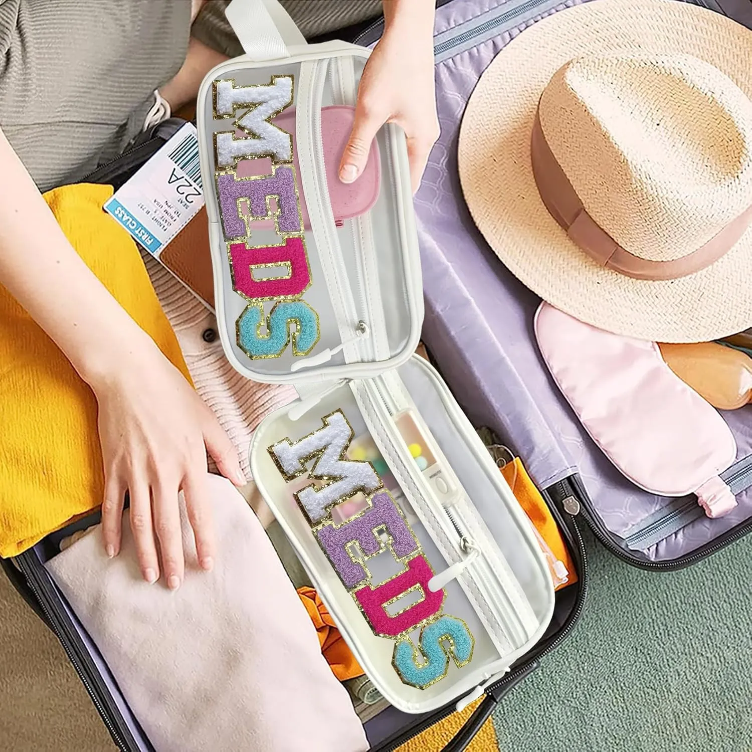 COSHAYSOO Clear MEDS Letter Patch Bag with Small Pill Case Organizer for Travel Purse Pouch, Cute Medicine Dispenser Mini Medication Box Vitamin Holder Women Teen Girls Preppy Christmas Gift (Pink)