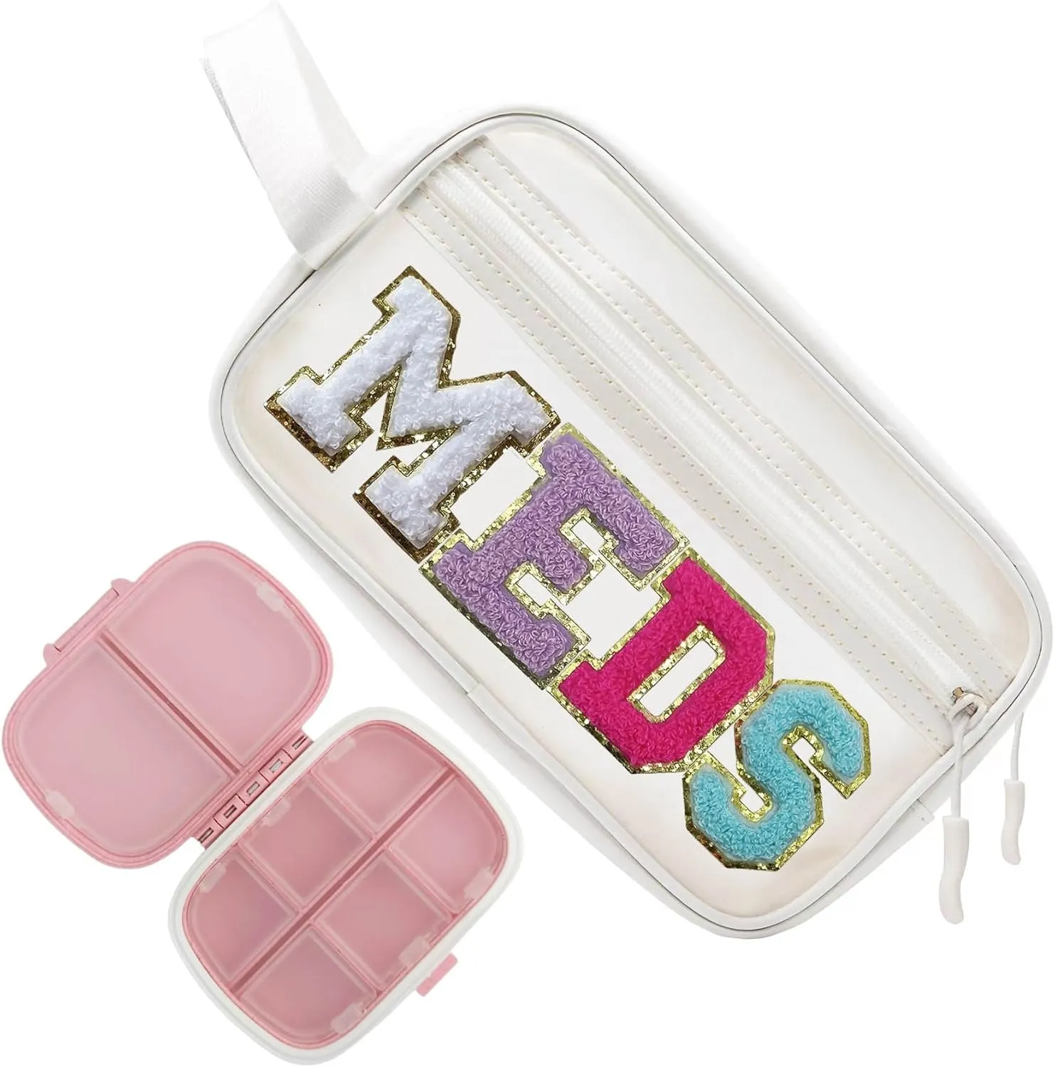 COSHAYSOO Clear MEDS Letter Patch Bag with Small Pill Case Organizer for Travel Purse Pouch, Cute Medicine Dispenser Mini Medication Box Vitamin Holder Women Teen Girls Preppy Christmas Gift (Pink)