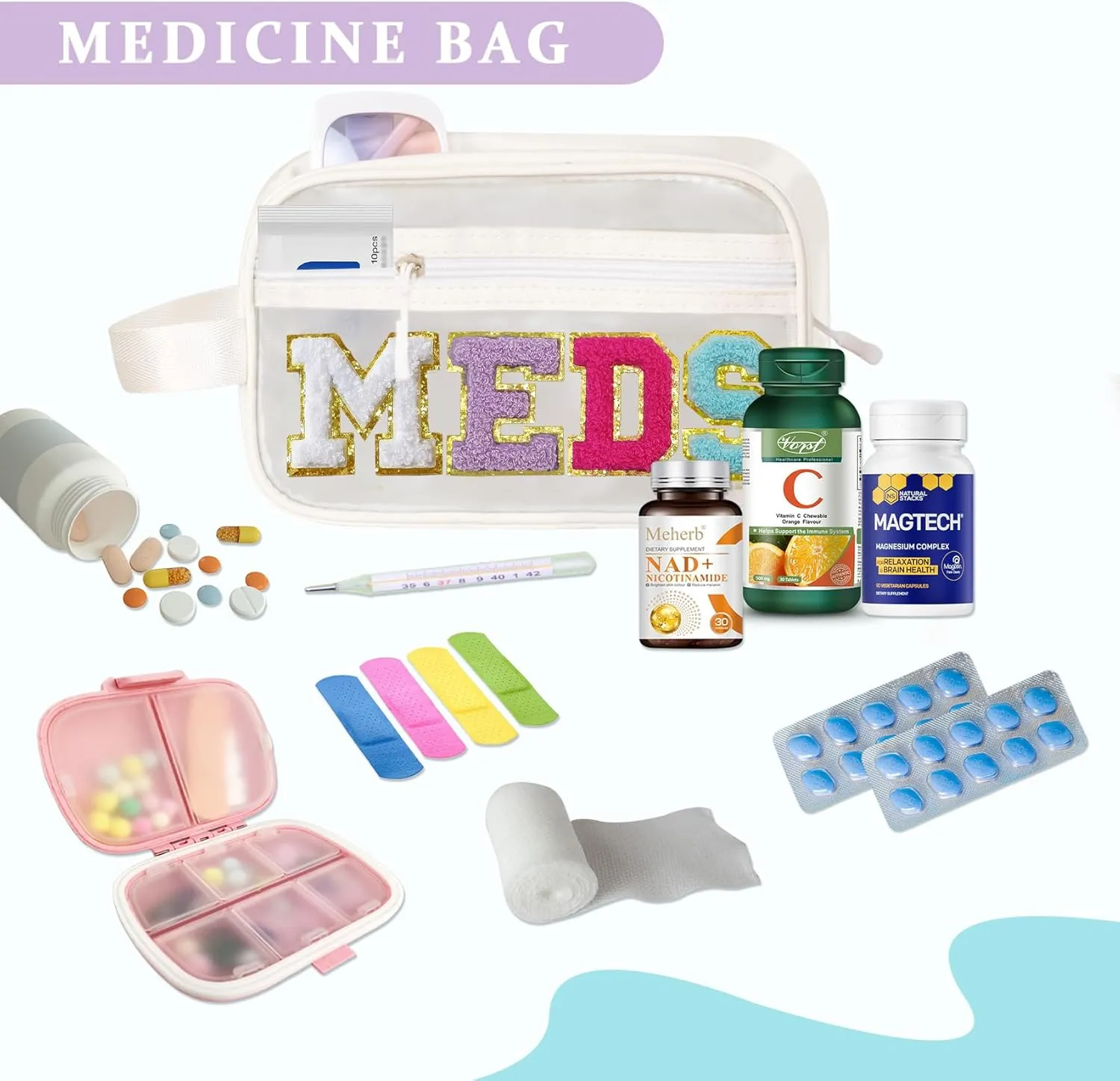 COSHAYSOO Clear MEDS Letter Patch Bag with Small Pill Case Organizer for Travel Purse Pouch, Cute Medicine Dispenser Mini Medication Box Vitamin Holder Women Teen Girls Preppy Christmas Gift (Pink)