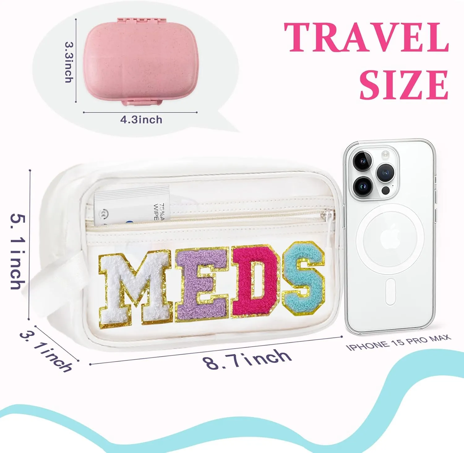 COSHAYSOO Clear MEDS Letter Patch Bag with Small Pill Case Organizer for Travel Purse Pouch, Cute Medicine Dispenser Mini Medication Box Vitamin Holder Women Teen Girls Preppy Christmas Gift (Pink)