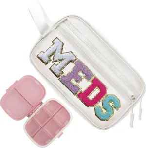COSHAYSOO Clear MEDS Letter Patch Bag with Small Pill Case Organizer for Travel Purse Pouch, Cute Medicine Dispenser Mini Medication Box Vitamin Holder Women Teen Girls Preppy Christmas Gift (Pink)