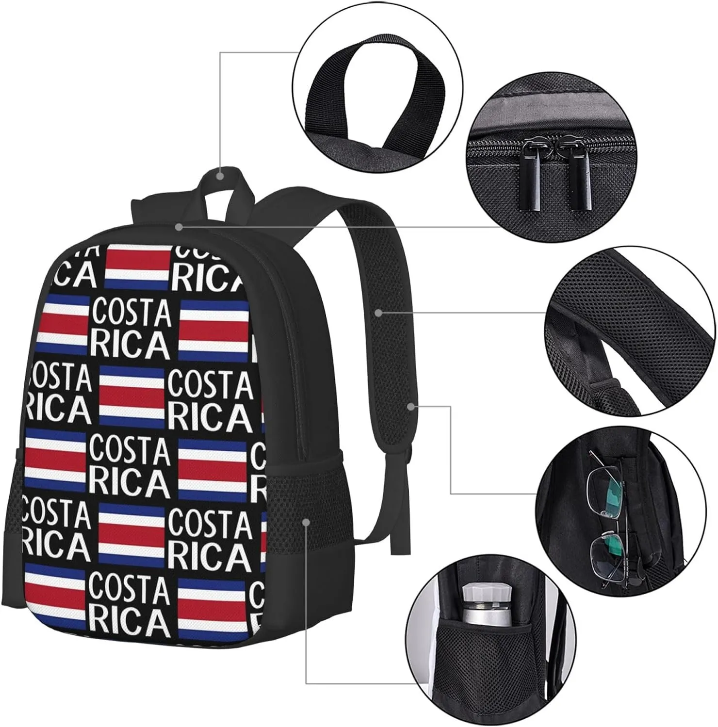 Costa Rica Flag Costa Rican Flags Casual Backpack Large Capacity Backpacks 15 Inch Laptop Back Pack Travel Rucksack Daypack Commuter Bags with Adjustable Strap for Camping