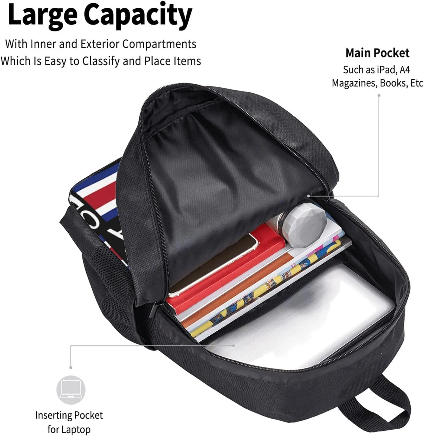 Costa Rica Flag Costa Rican Flags Casual Backpack Large Capacity Backpacks 15 Inch Laptop Back Pack Travel Rucksack Daypack Commuter Bags with Adjustable Strap for Camping