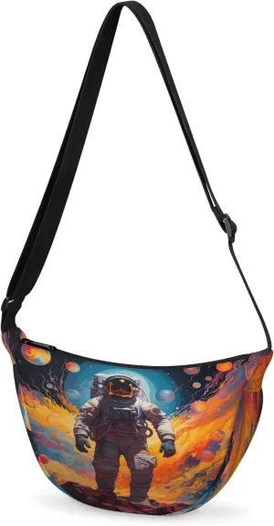 Crescent Crossbody Bag for Women & Men Lightweight Spacious Dumpling-style Sling Bag Adjustable Strap Zippers Travel Casual Use Suitable Astronaut Universe