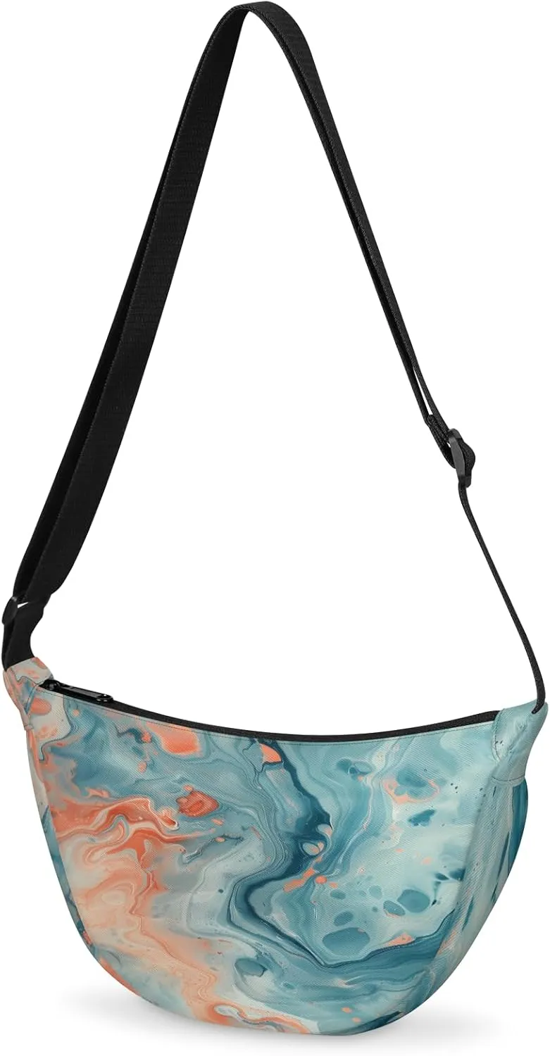 Crescent Crossbody Bag for Women & Men Lightweight Spacious Dumpling-style Sling Bag Adjustable Strap Zippers Travel Casual Use Suitable Cyan Orange Marble